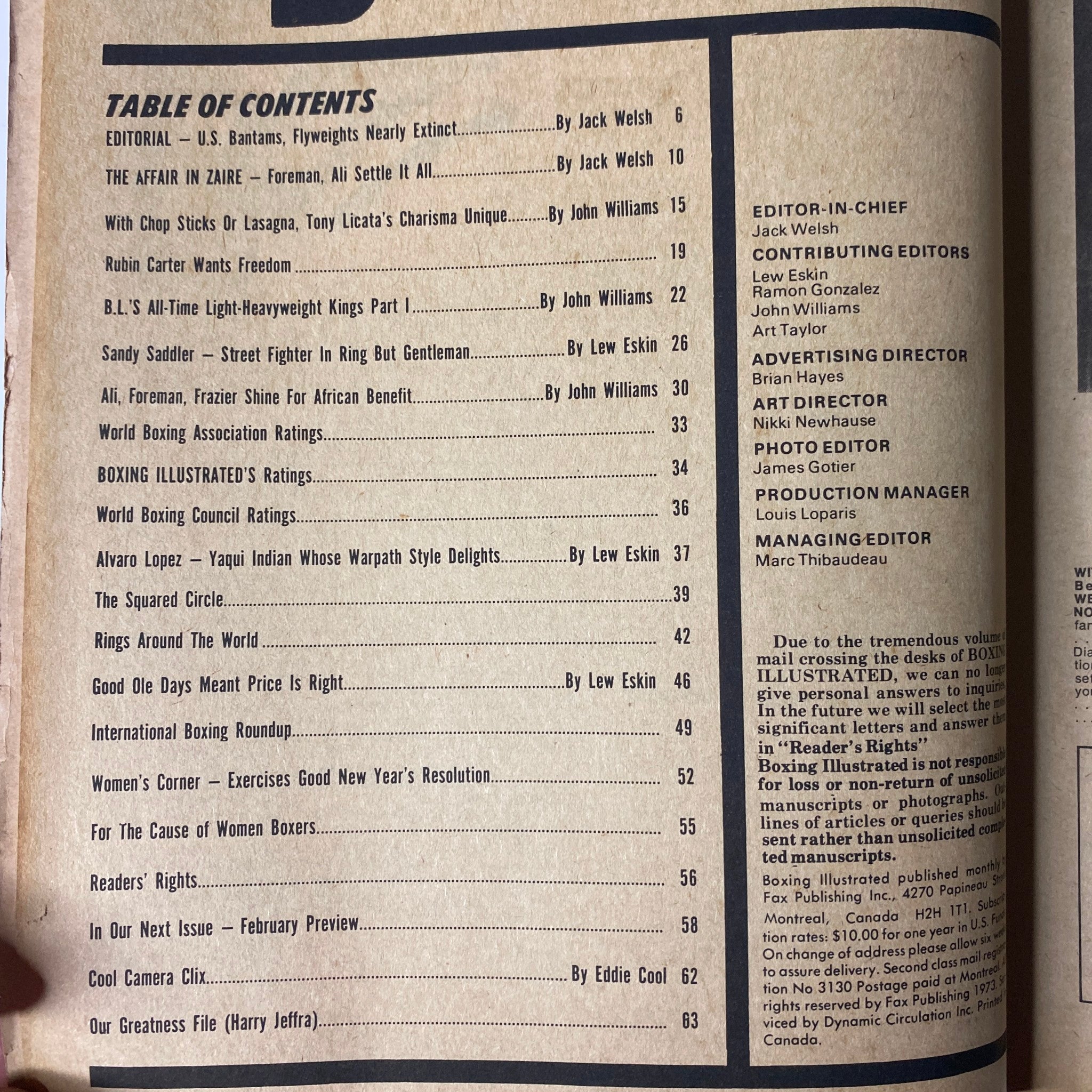 Table of Contents from the Boxing Illustrated Magazine January 1975, detailing articles including profiles of notable boxers and significant boxing events.