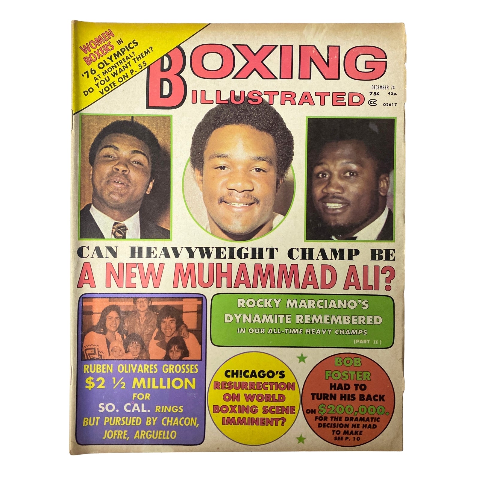 Cover of Boxing Illustrated Magazine, December 1974 featuring Muhammad Ali, highlighting a new heavyweight champion discussion. The issue also includes articles on Ruben Olivares and Bob Foster.
