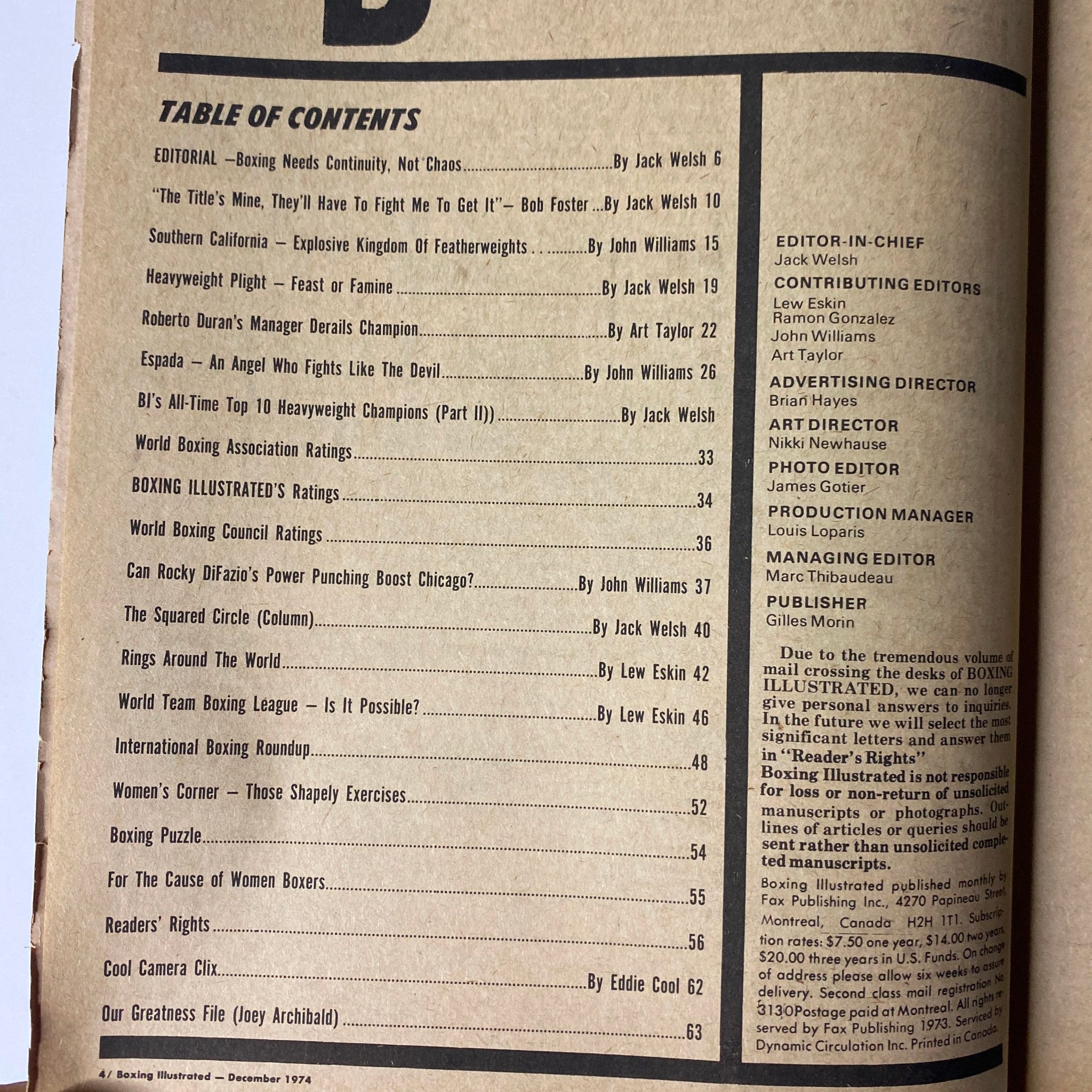 Table of Contents from Boxing Illustrated Magazine, December 1974, detailing editorial pieces, boxing ratings, and featured topics including the heavyweight division and women's boxing.