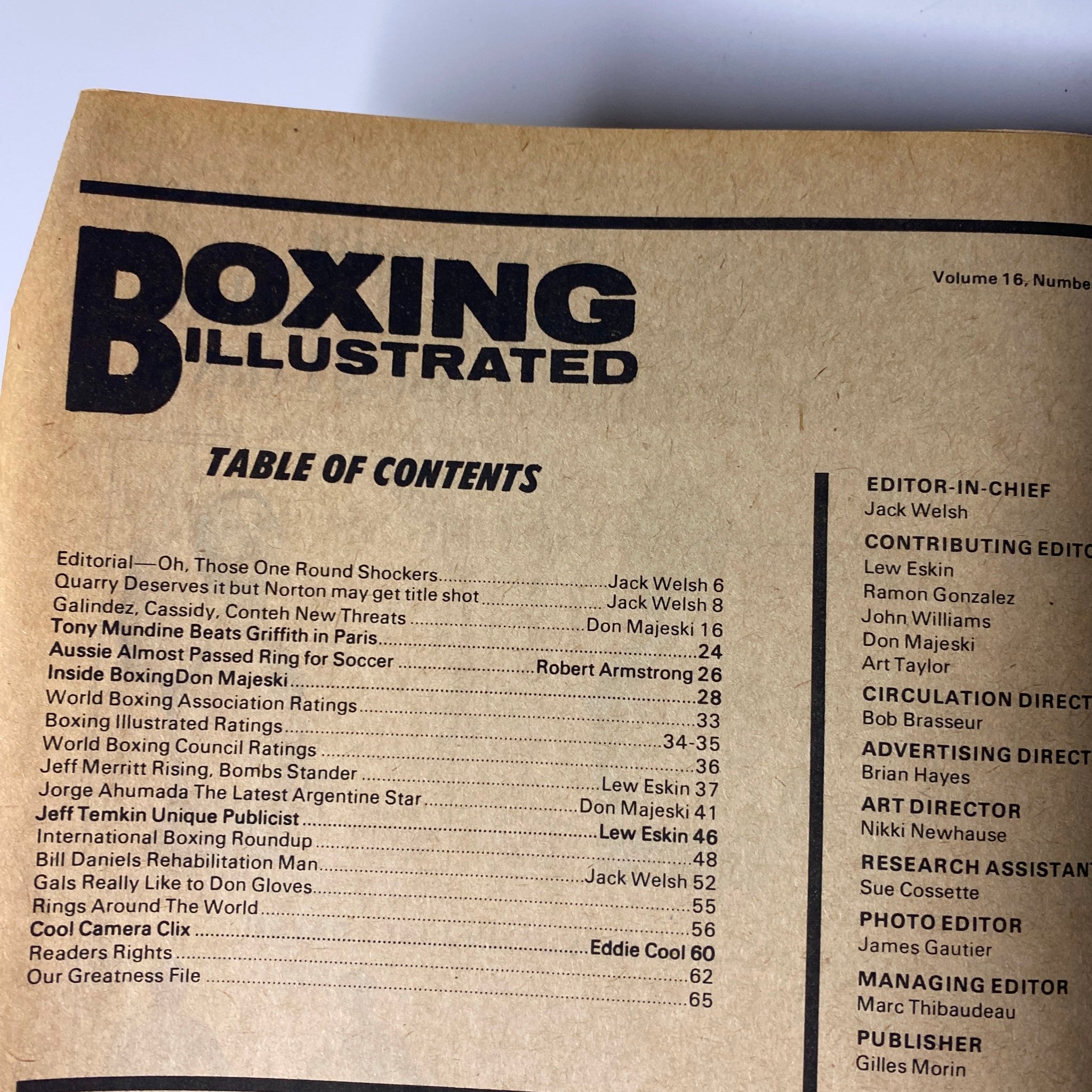 Table of contents from Boxing Illustrated Magazine March 1974, detailing articles and features including profiles on boxing stars and match analysis.