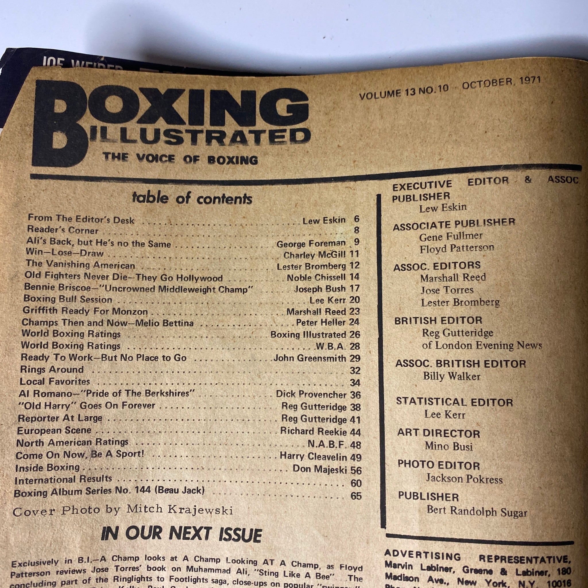 Table of contents from Boxing Illustrated Magazine, October 1971 edition detailing various articles including features on George Foreman and other boxing personalities.