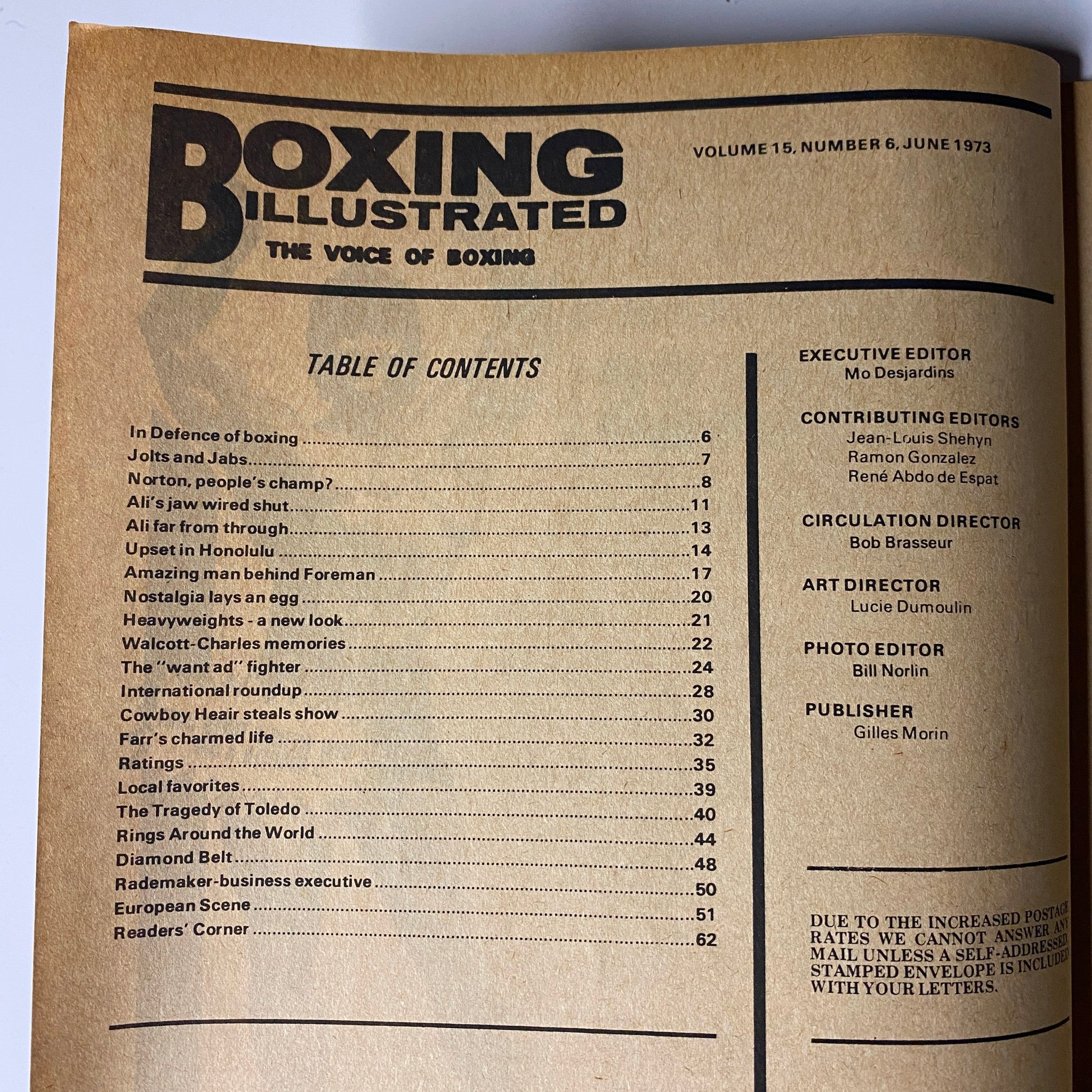 Interior page of Boxing Illustrated Magazine June 1973 displaying the table of contents, highlighting various boxing-related articles and topics.