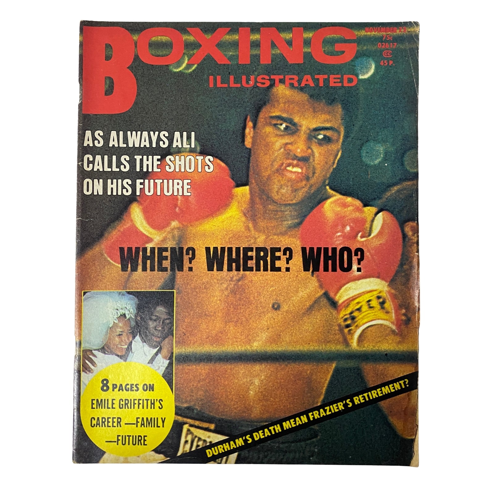 Cover of Boxing Illustrated Magazine November 1973 featuring Muhammad Ali, showcasing his powerful image and a headline discussing his future in boxing. This vintage magazine is a collectible piece of 1970s boxing history.