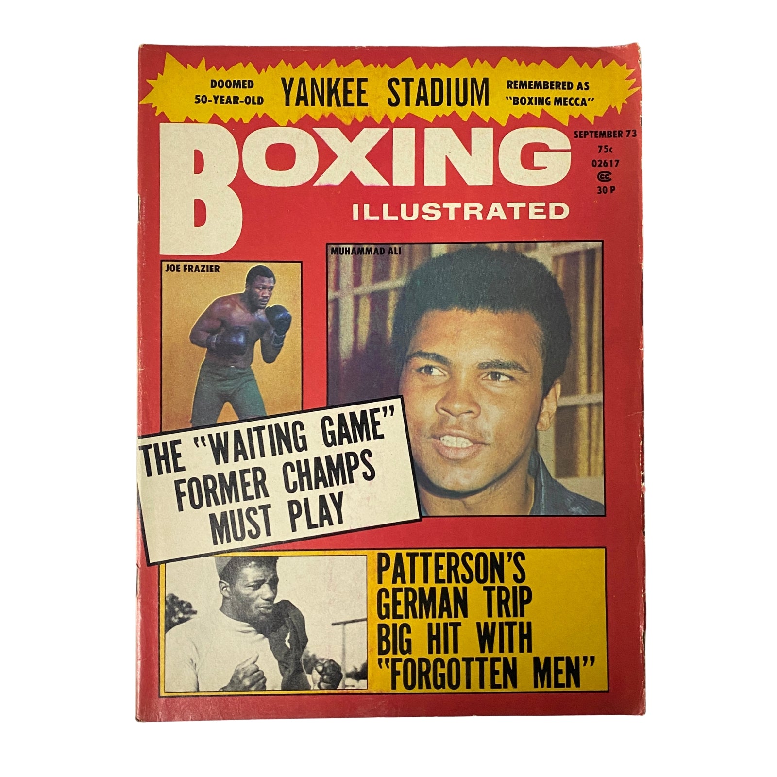 Boxing Illustrated Magazine September 1973 featuring a vibrant cover with Muhammad Ali and Joe Frazier, highlighting boxing history and rivalries, no label, perfect for collectors.