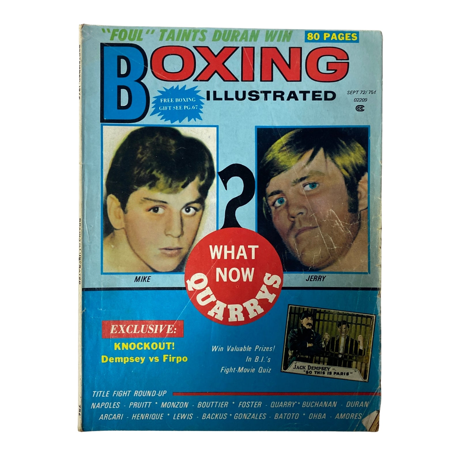 Boxing Illustrated Magazine cover from September 1972 featuring Mike Quarry and Jerry Quarry with the headline 'Foul Taints Duran Win'.