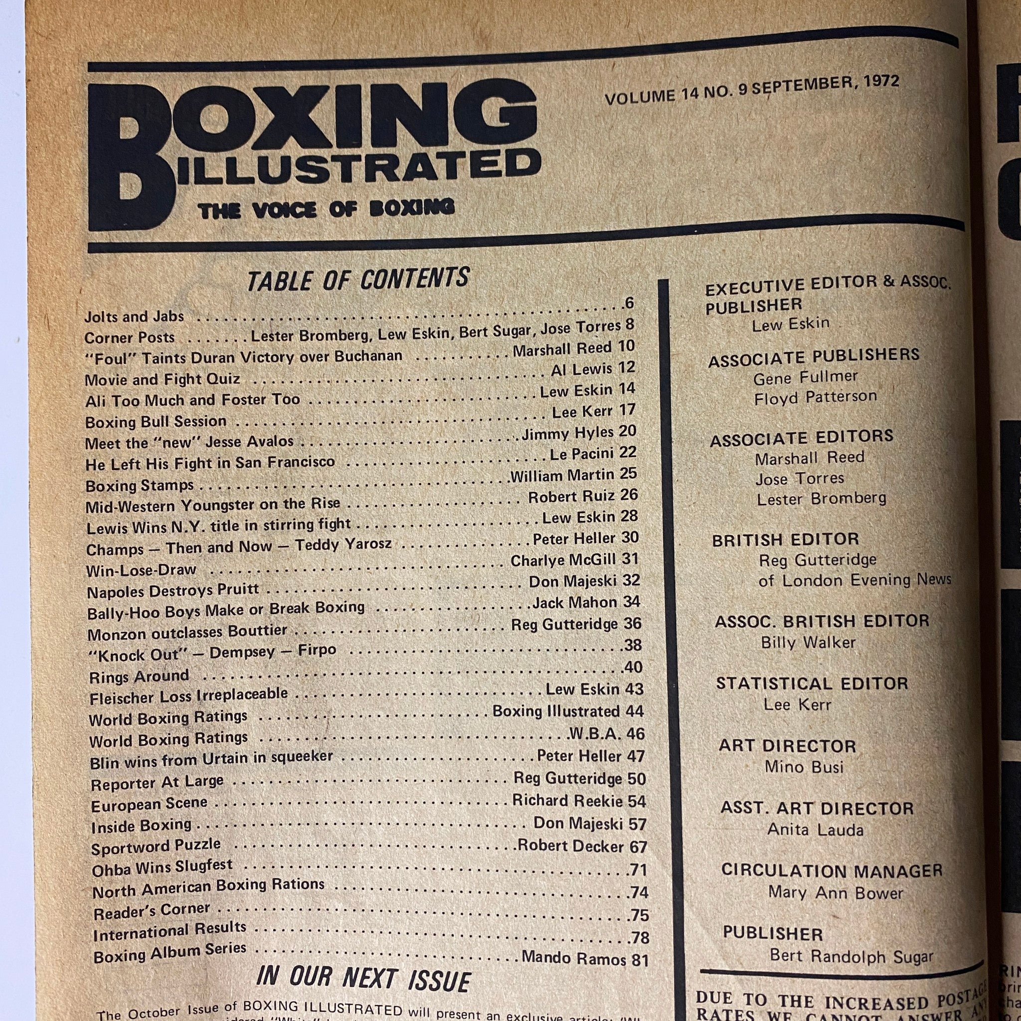 Table of contents page from Boxing Illustrated Magazine September 1972 outlining various articles and features including highlights from the boxing world.