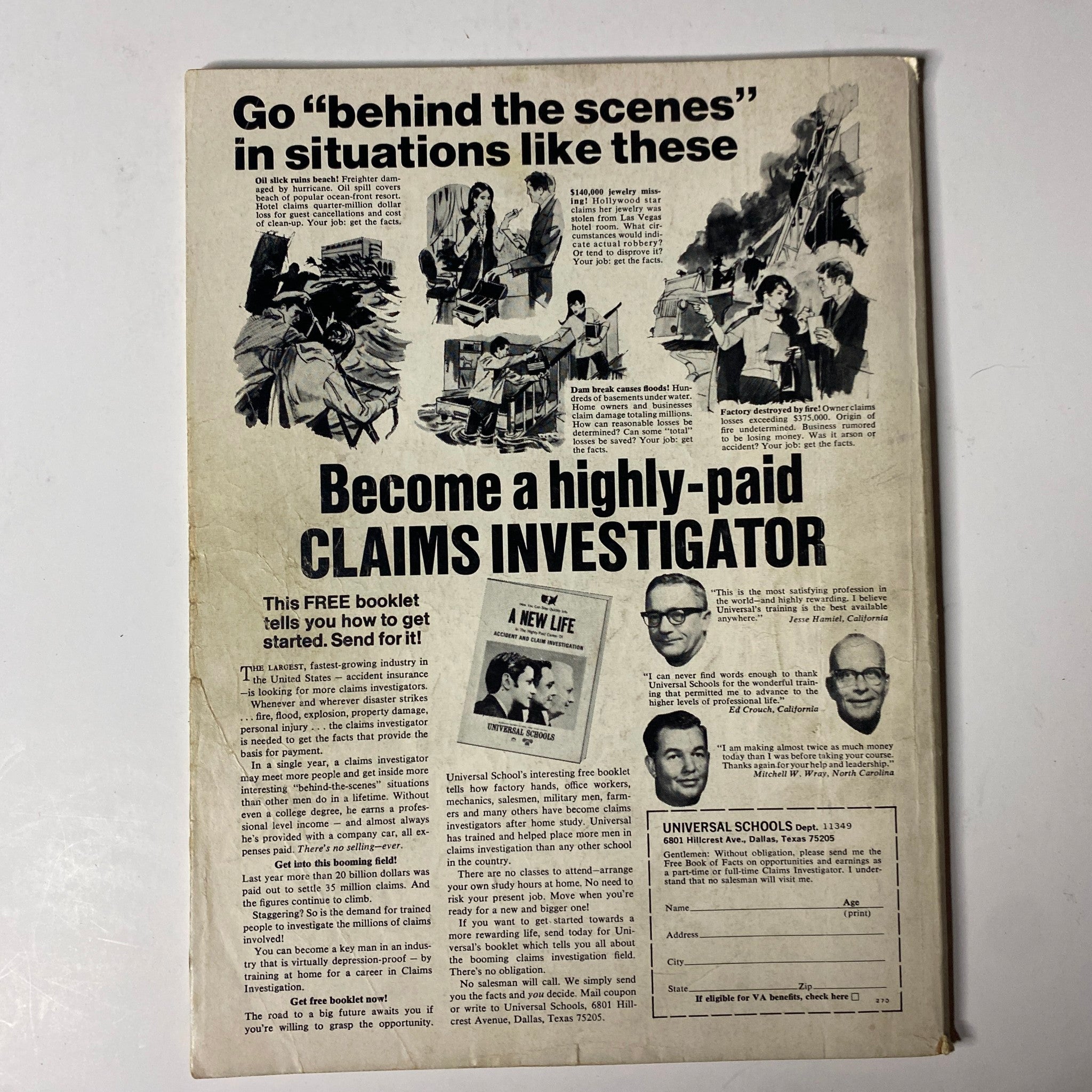 Back cover of Boxing Illustrated Magazine September 1972 advertising a free booklet on becoming a highly-paid claims investigator.