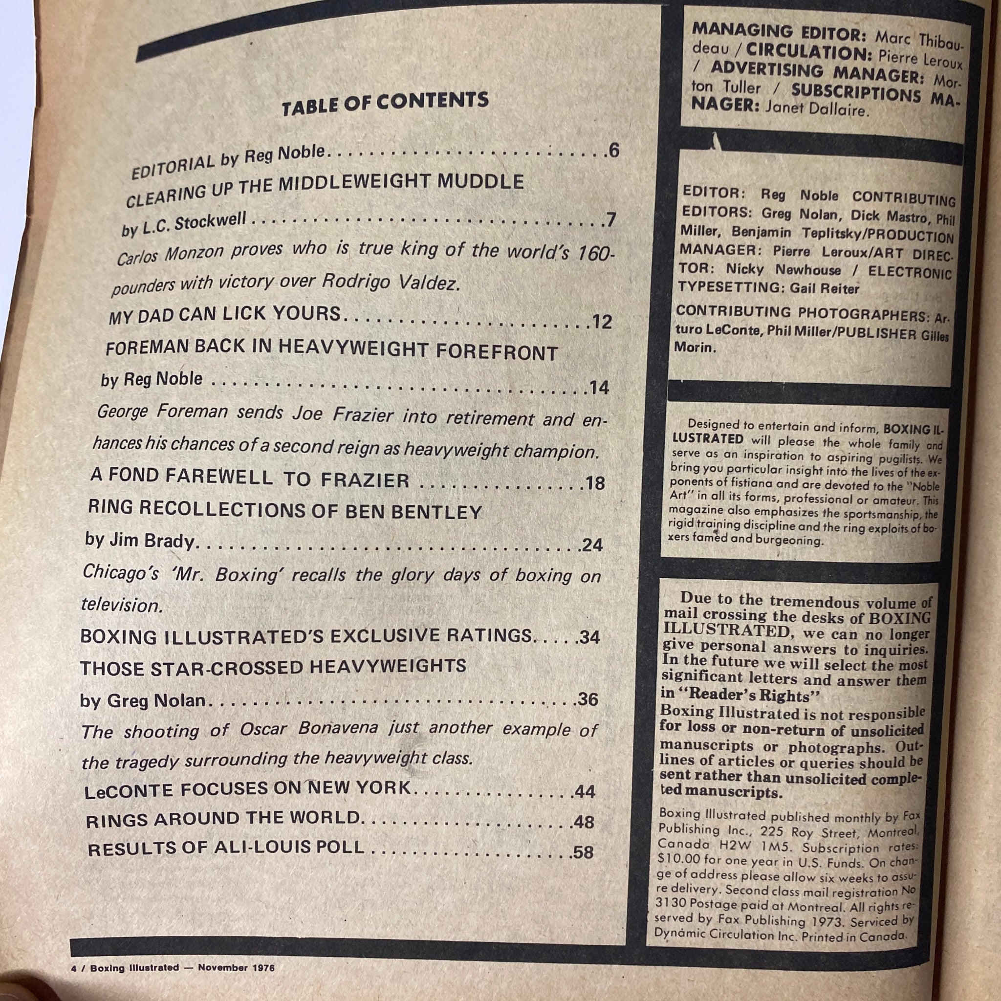 Table of contents from Boxing Illustrated Magazine November 1976 showcasing articles including 'Clearing Up the Middleweight Muddle' and 'Foreman Back in Heavyweight Forefront'.