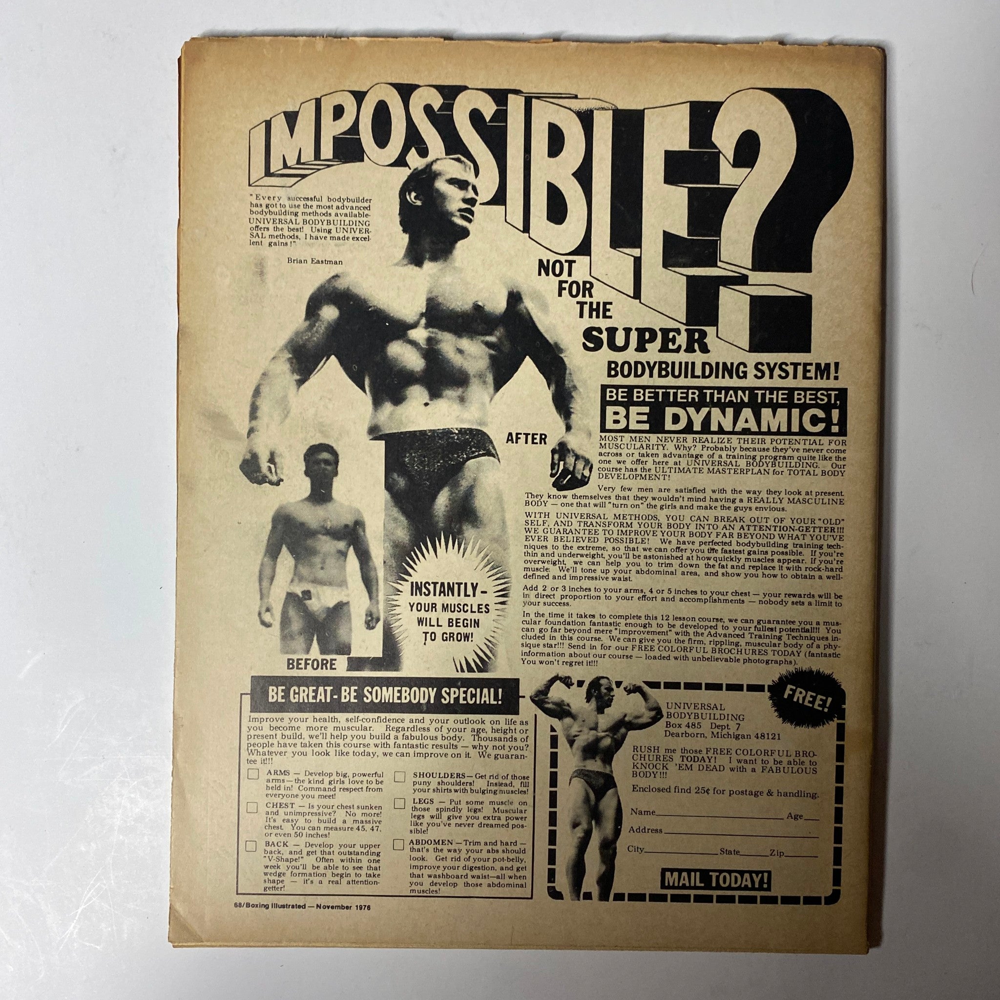 Back cover of Boxing Illustrated Magazine November 1976 promoting a bodybuilding system with the headline 'IMPOSSIBLE? NOT FOR THE SUPER BODYBUILDING SYSTEM!'