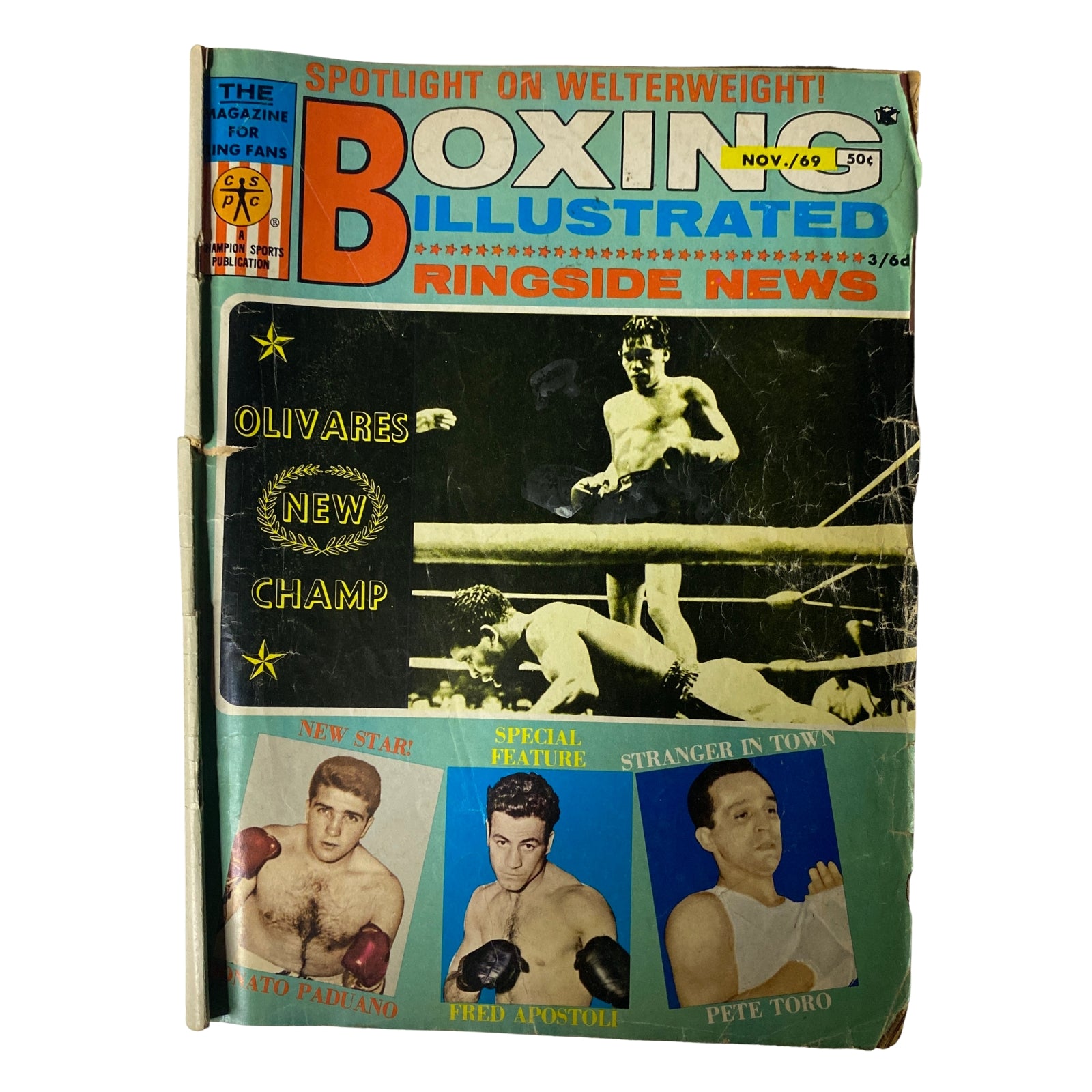 Boxing Illustrated Magazine November 1969 featuring Rubén Olivares on the cover, showcasing a boxing match with images of fighters, highlighting the bantamweight champion's victory over Lionel Rose, suitable for collectors and boxing fans.