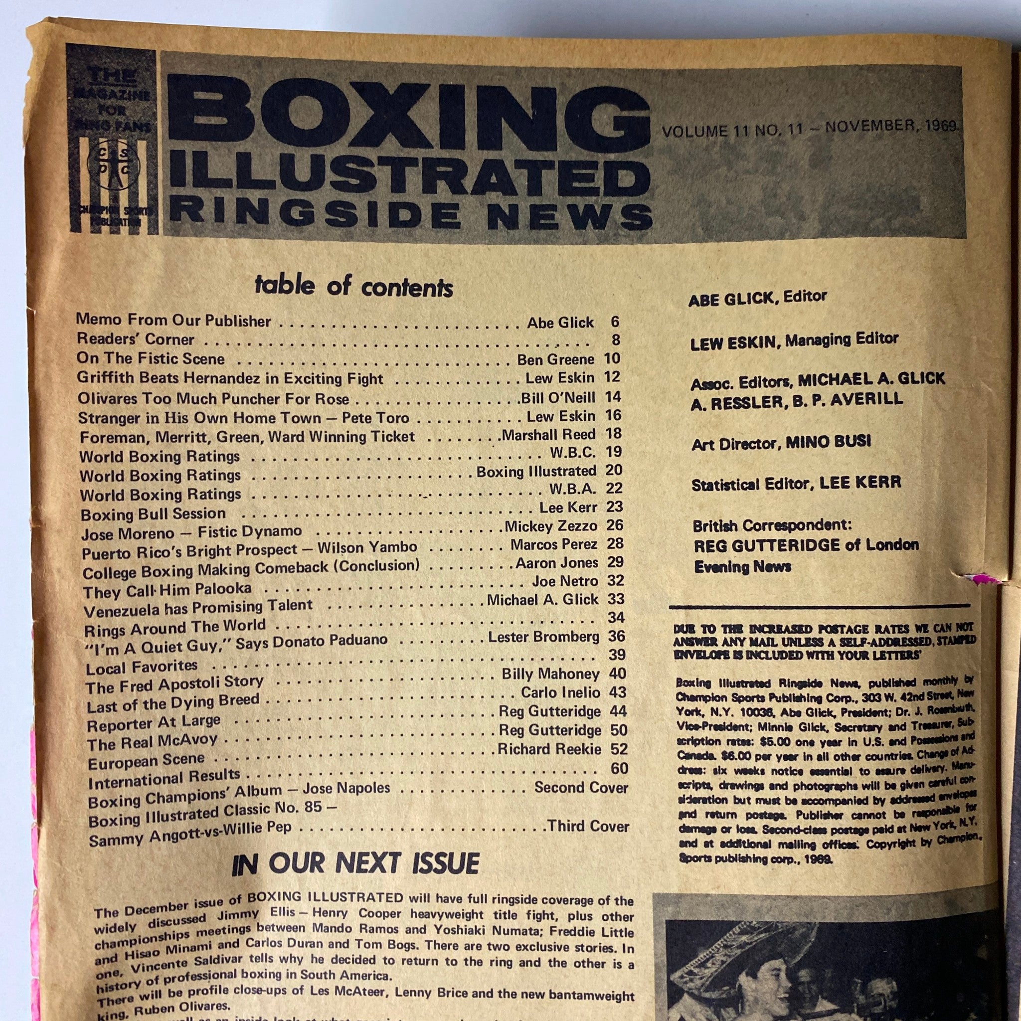 Table of contents page from Boxing Illustrated Magazine November 1969, listing articles and editor details.