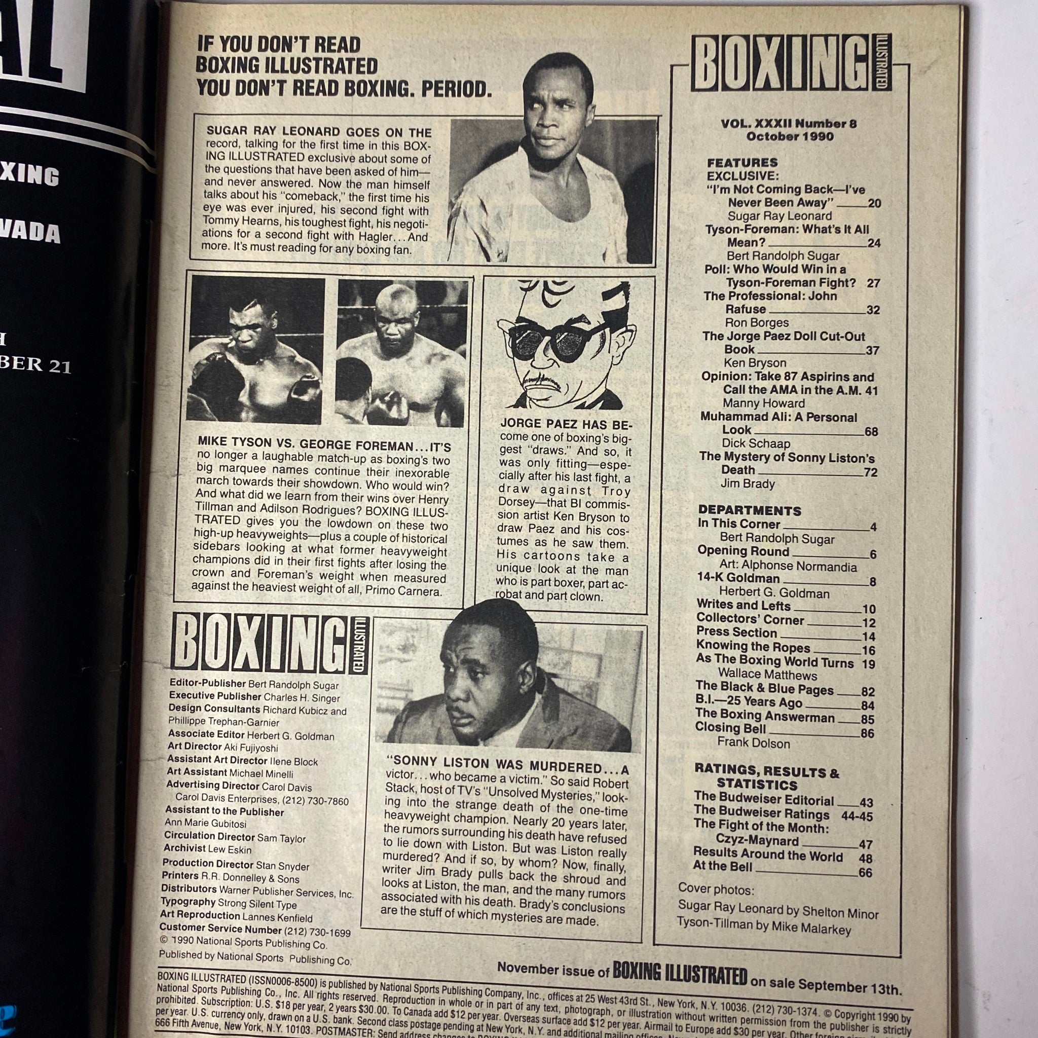Contents page of Boxing Illustrated Magazine October 1990 featuring Sugar Ray Leonard on the cover. This issue includes notable articles such as 'I'm Not Coming Back – I've Never Been Away' by Sugar Ray Leonard, a Tyson-Foreman analysis, and highlights on boxing history and contemporary analysis, ideal for collectors and boxing fans.