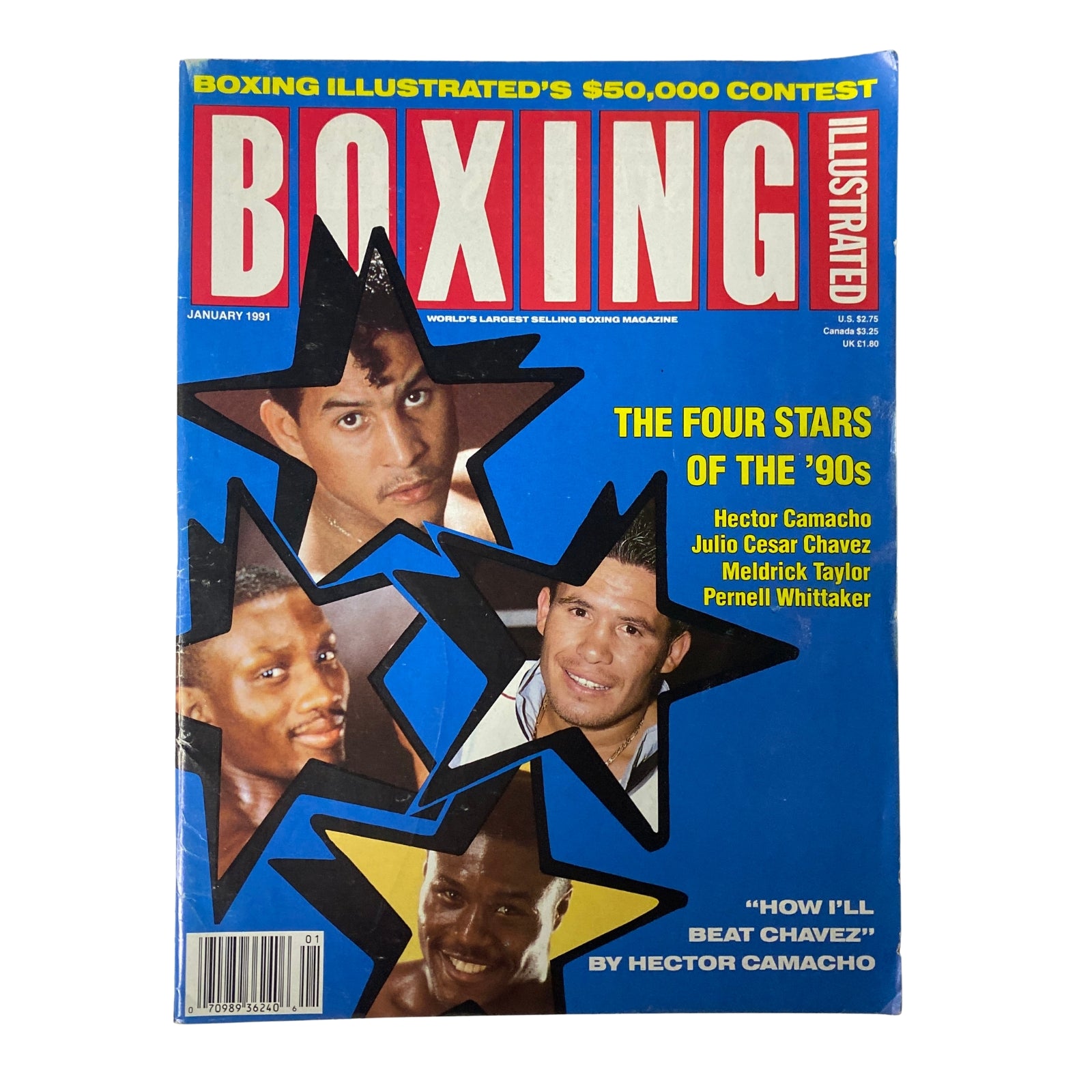 Boxing Illustrated Magazine January 1991 featuring Hector Camacho, Julio Cesar Chavez, Meldrick Taylor, and Pernell Whitaker on the cover, highlighting the 'Four Stars of the 90s' and the magazine's $50,000 contest.