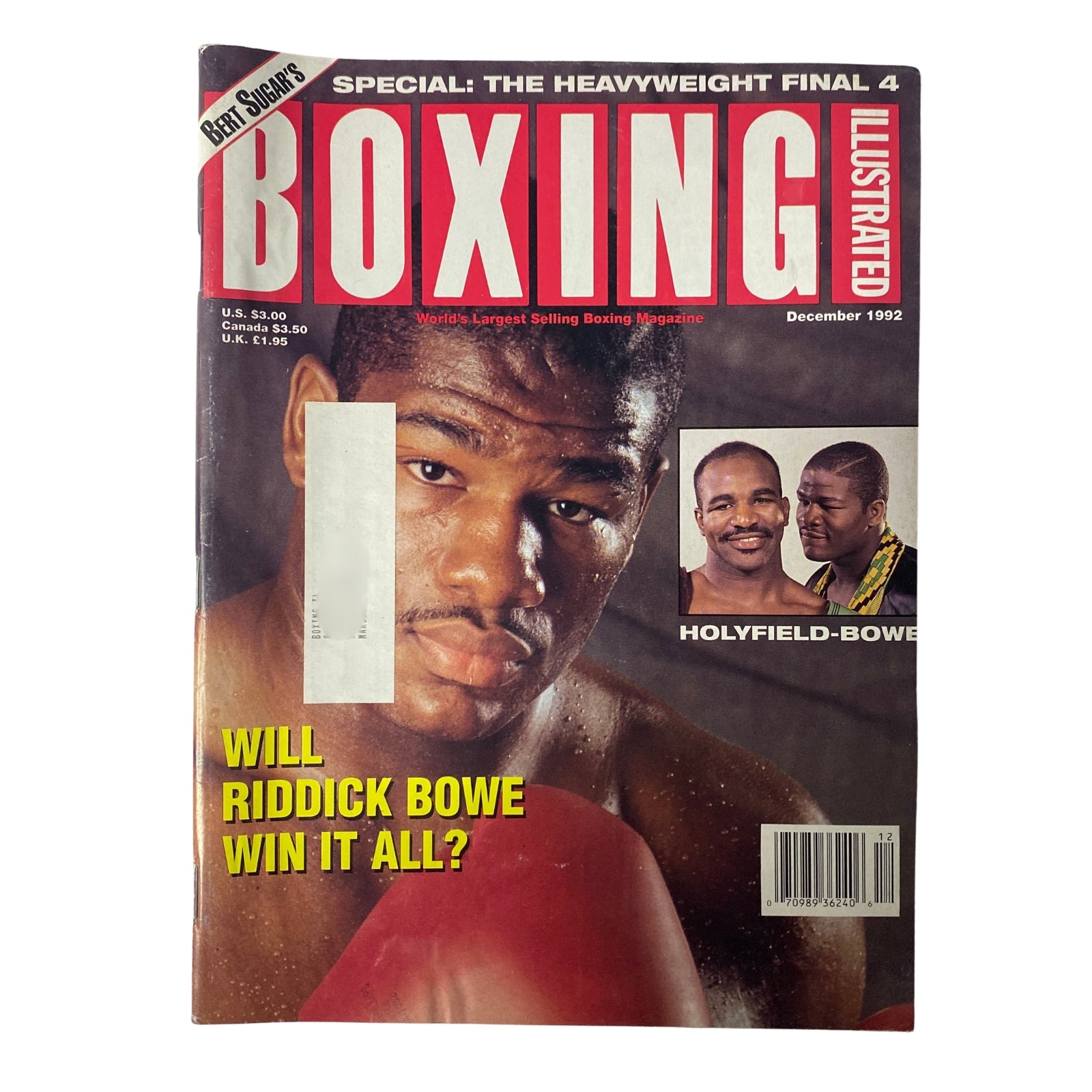 Cover of Boxing Illustrated Magazine December 1992 featuring Riddick Bowe and Evander Holyfield. The headline reads 'Will Riddick Bowe Win It All?' showcasing the intense rivalry in boxing.