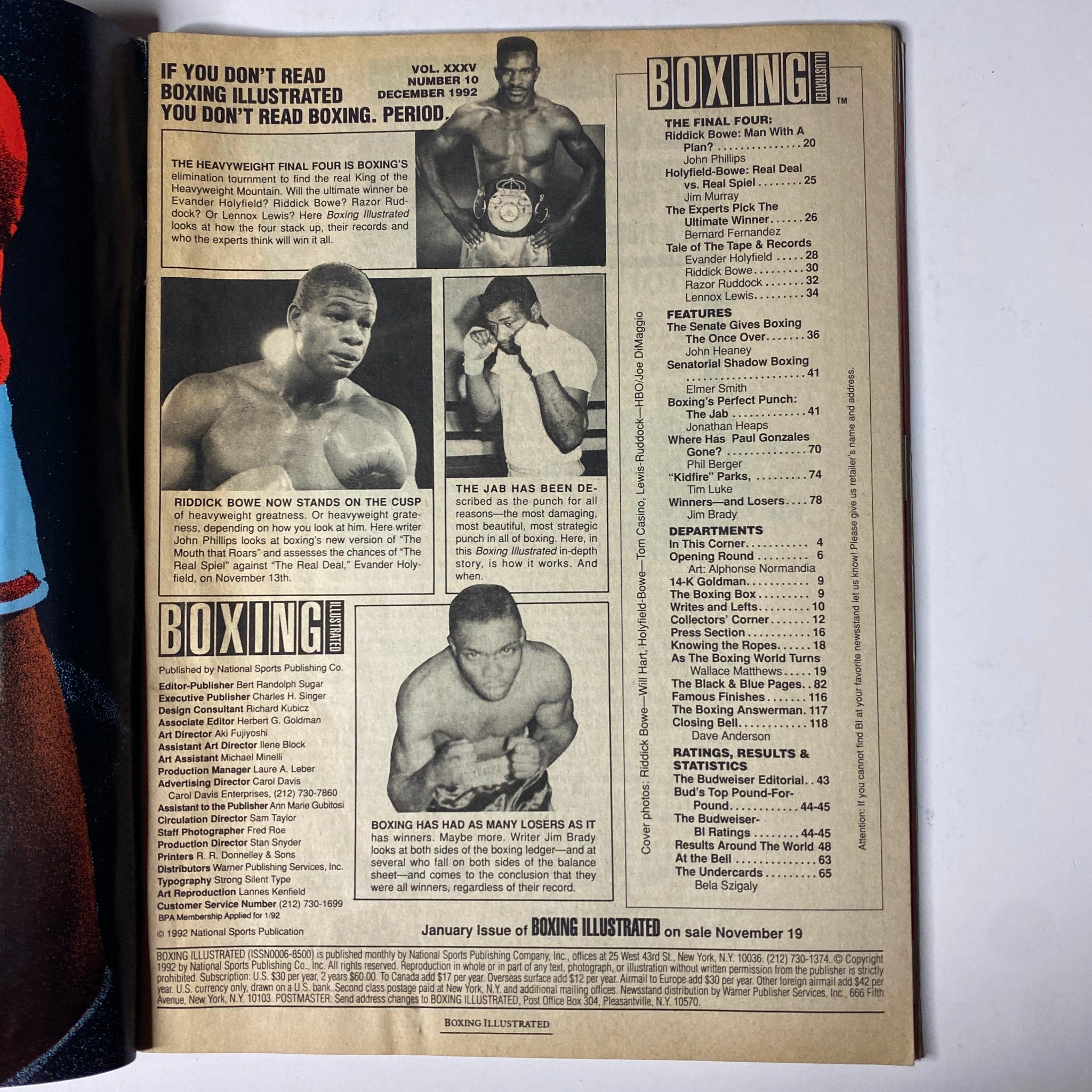 Back cover of Boxing Illustrated Magazine December 1992, including promotional content and images related to The Heavyweight Final 4 and features on Riddick Bowe and boxing techniques.