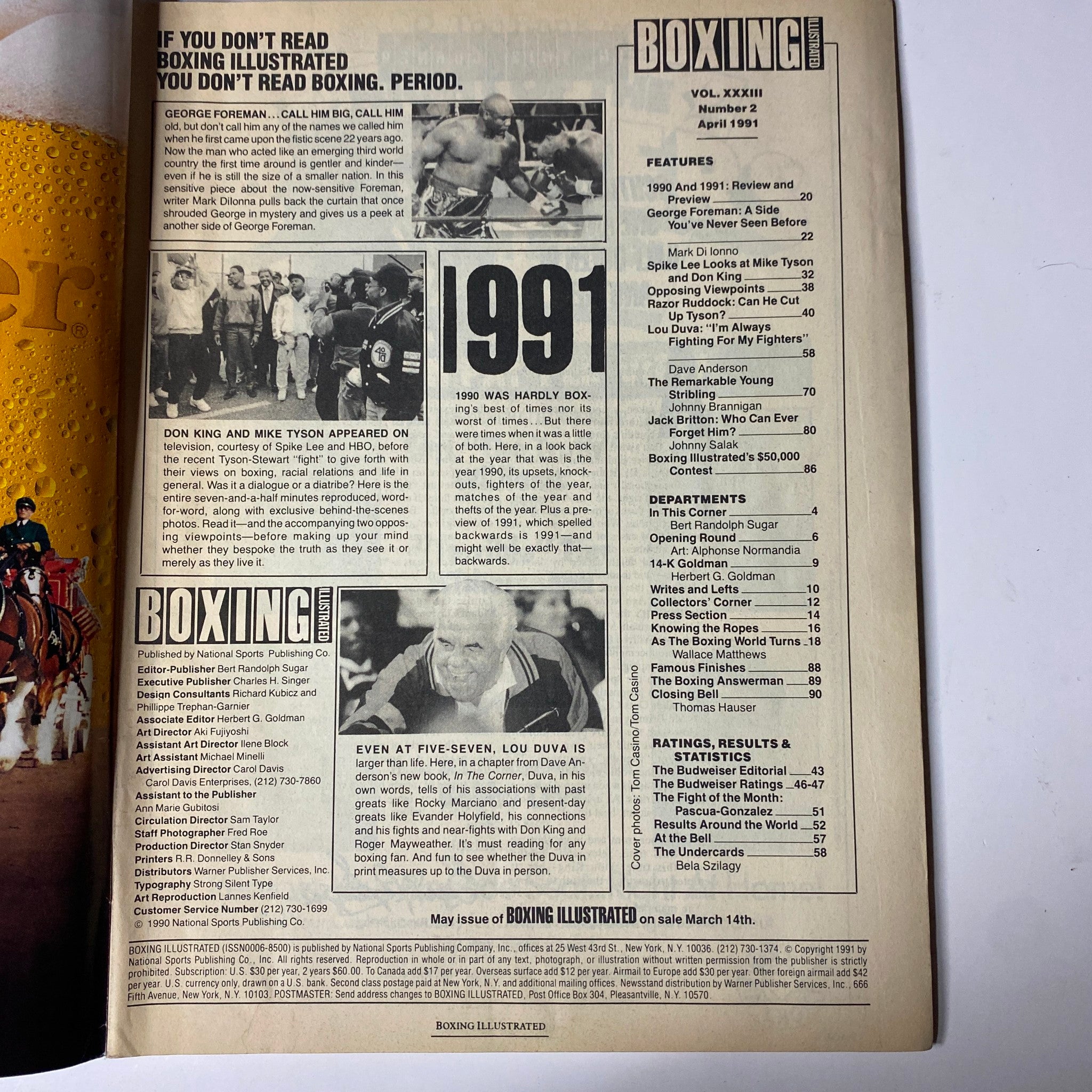 Interior page of Boxing Illustrated Magazine April 1991 highlighting features including a review of 1990 and a preview of 1991, along with notable contributions from figures like Don King and Mike Tyson.