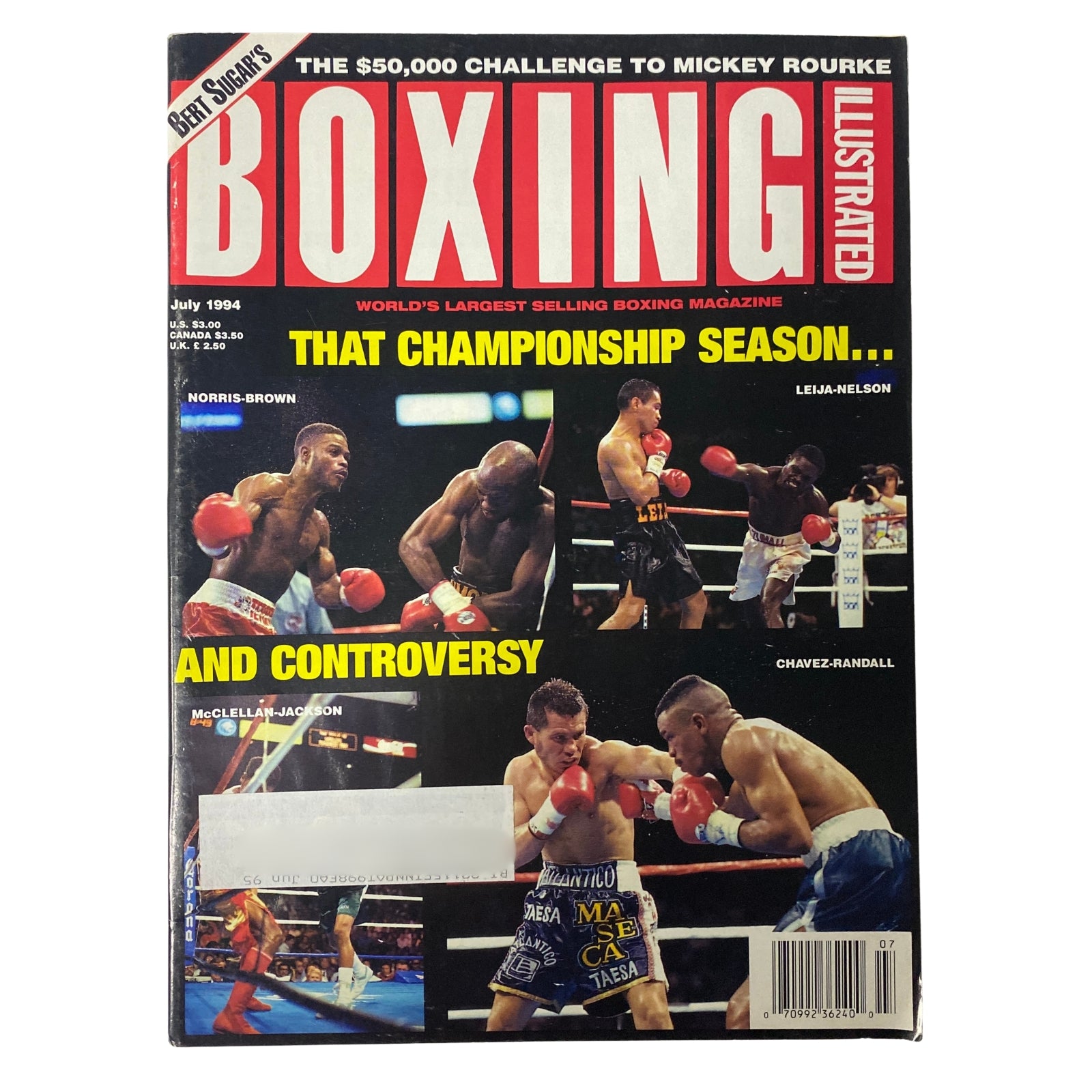 Boxing Illustrated Magazine July 1994 cover featuring Simon Brown vs. Terry Norris, showcasing key moments from championship fights and notable boxing highlights, including a reference to a $50,000 challenge by Mickey Rourke.
