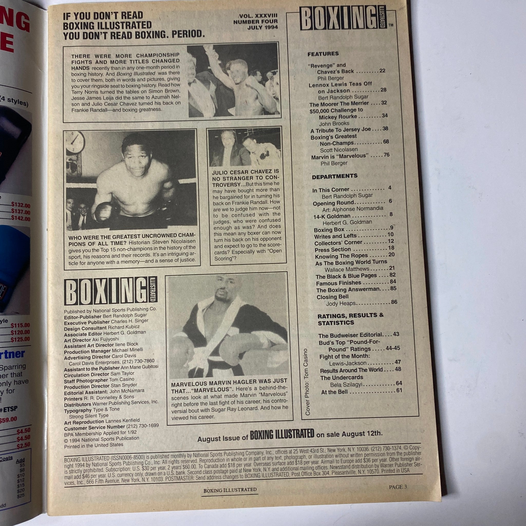 Back cover of Boxing Illustrated Magazine July 1994 displaying contents and articles including a tribute to Julio César Chávez and other notable boxing events, emphasizing the magazine's coverage of key fighters and bouts in the sport.