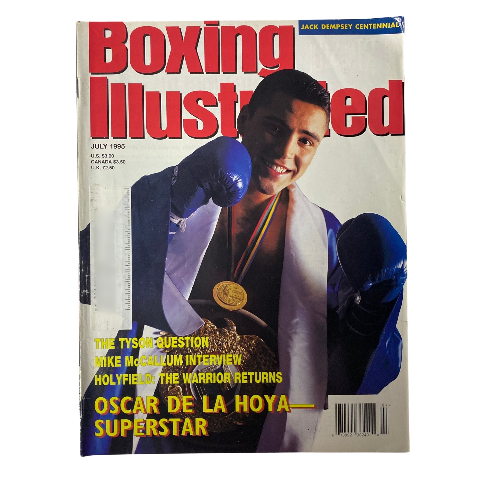 Boxing Illustrated Magazine July 1995 cover featuring Oscar De La Hoya as a superstar, showcasing his boxing gloves and celebrating his rise to fame in the boxing world.