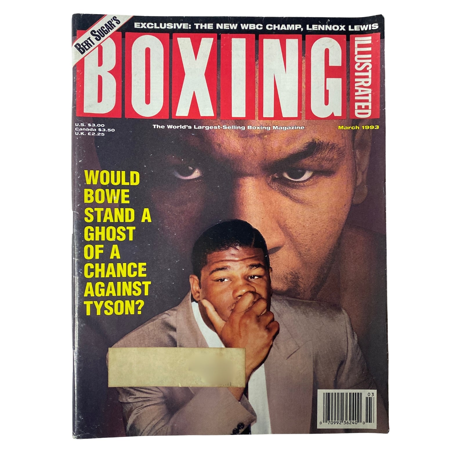 Cover of Boxing Illustrated Magazine, March 1993 featuring Riddick Bowe and Mike Tyson with the headline questioning Bowe's chances against Tyson.
