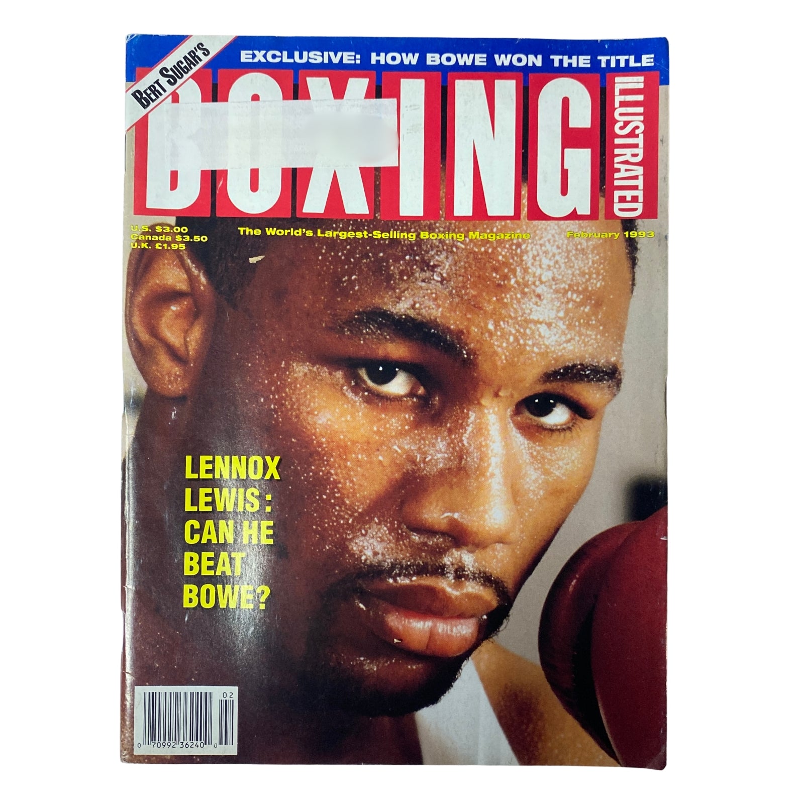 Boxing Illustrated Magazine, February 1993 issue featuring Lennox Lewis on the cover, highlighting his rise in the heavyweight boxing scene.
