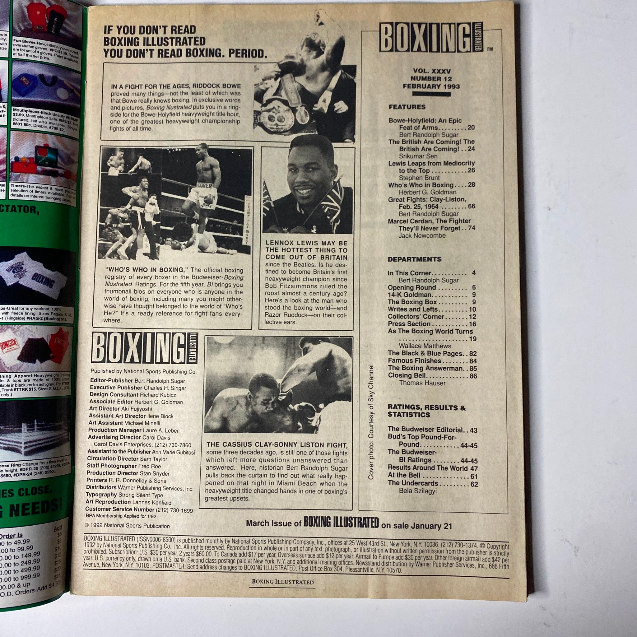 Inside page of Boxing Illustrated Magazine, February 1993, showcasing contents and articles including features on Lennox Lewis and the heavyweight boxing battles.