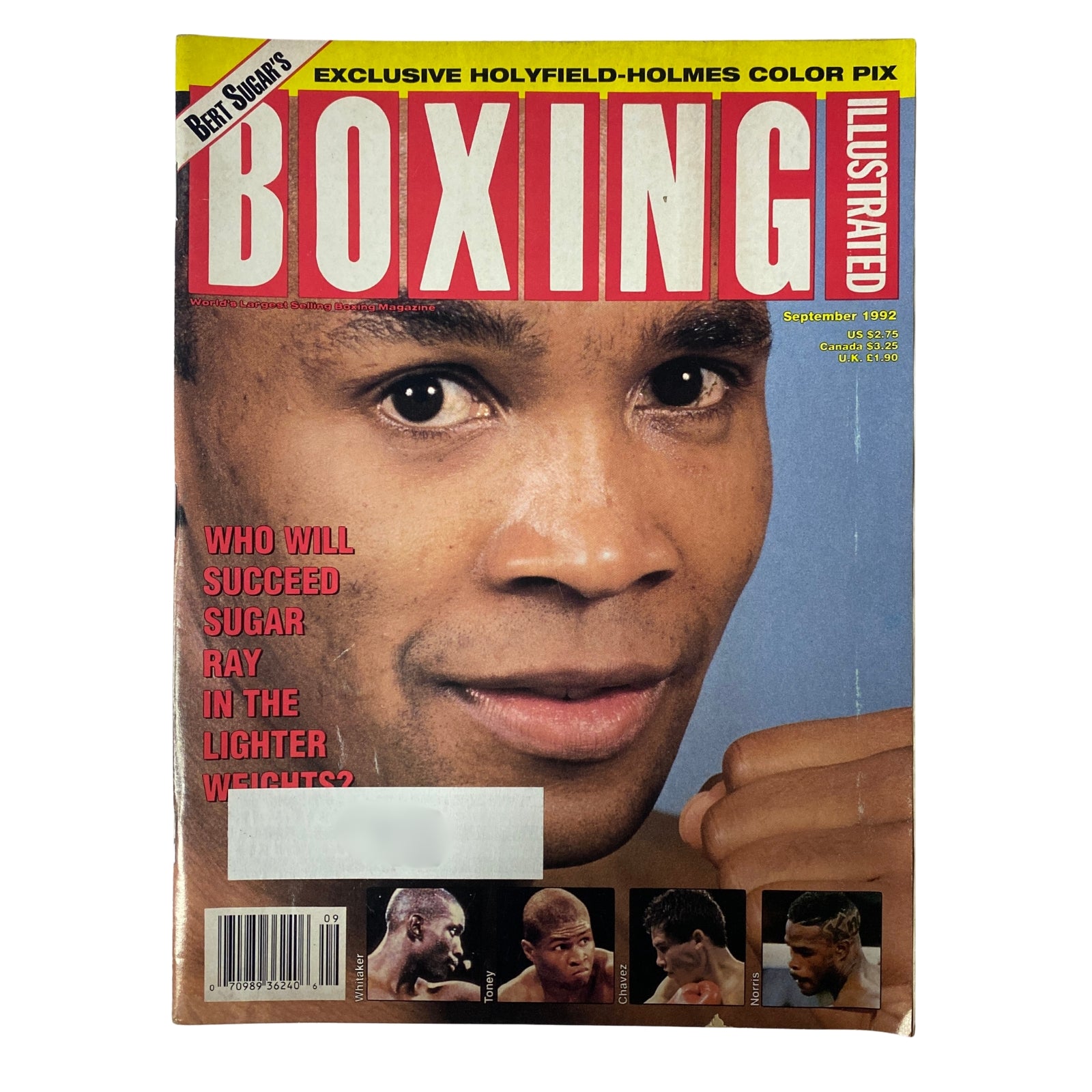 Boxing Illustrated Magazine September 1992 Sugar Ray Leonard Cover featuring a close-up of Leonard's face with a boxing glove. The cover displays text asking, 'Who Will Succeed Sugar Ray in the Lighter Weights?'. A collectible edition for boxing enthusiasts.