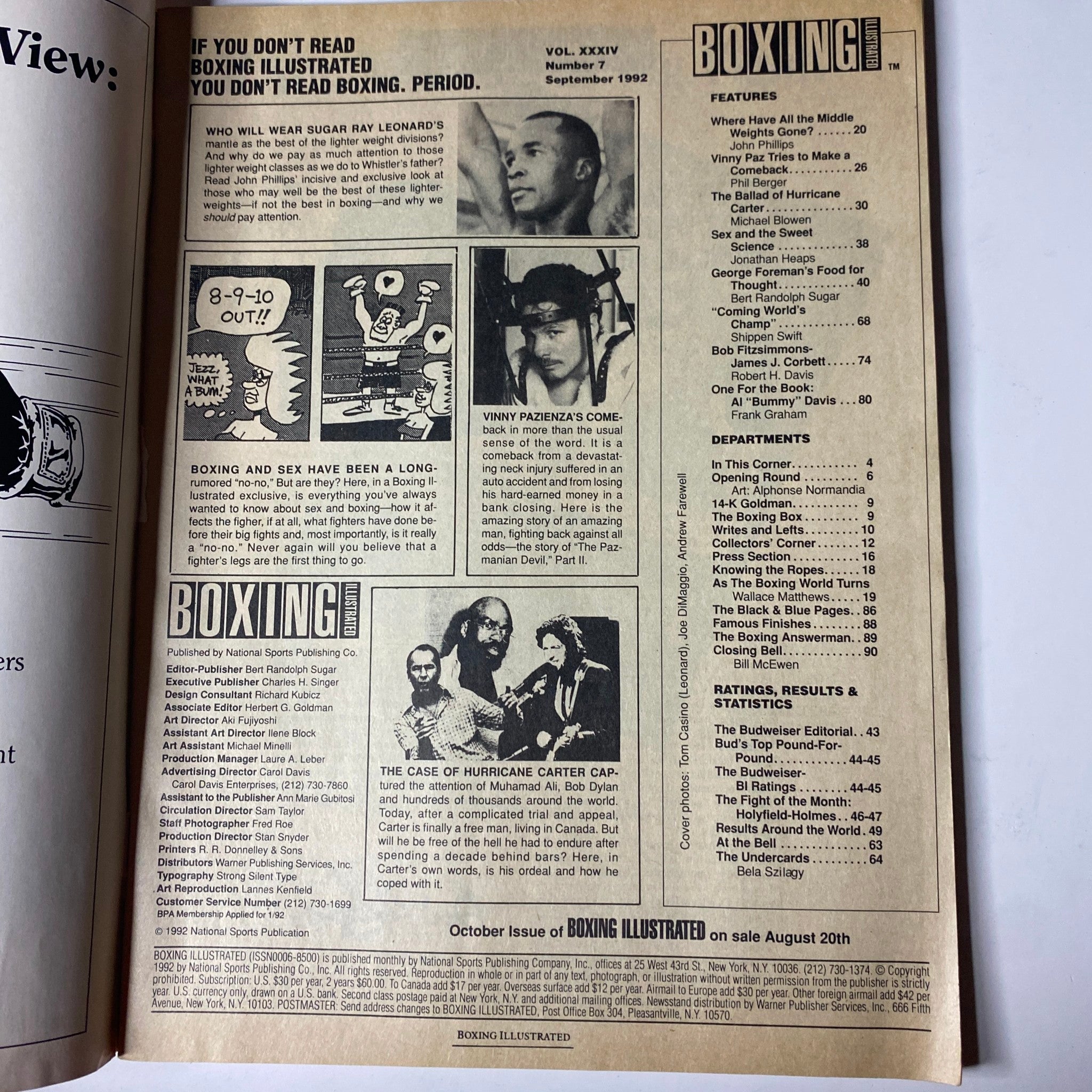 Inside page of Boxing Illustrated Magazine September 1992 containing features and articles including 'Vinny Paz Tries to Make a Comeback' and the 'Case of Hurricane Carter'. This page highlights the magazine's rich content and features.
