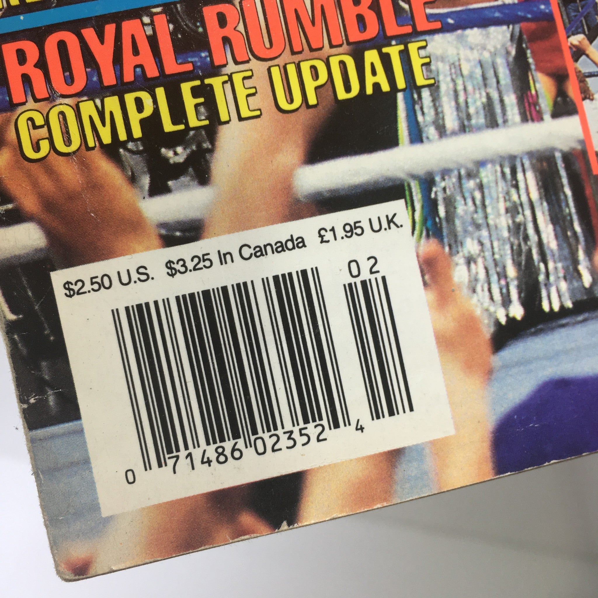 Barcode and pricing details of WWF Magazine, February 1991, indicating the purchase price and collector information for vintage wrestling memorabilia.
