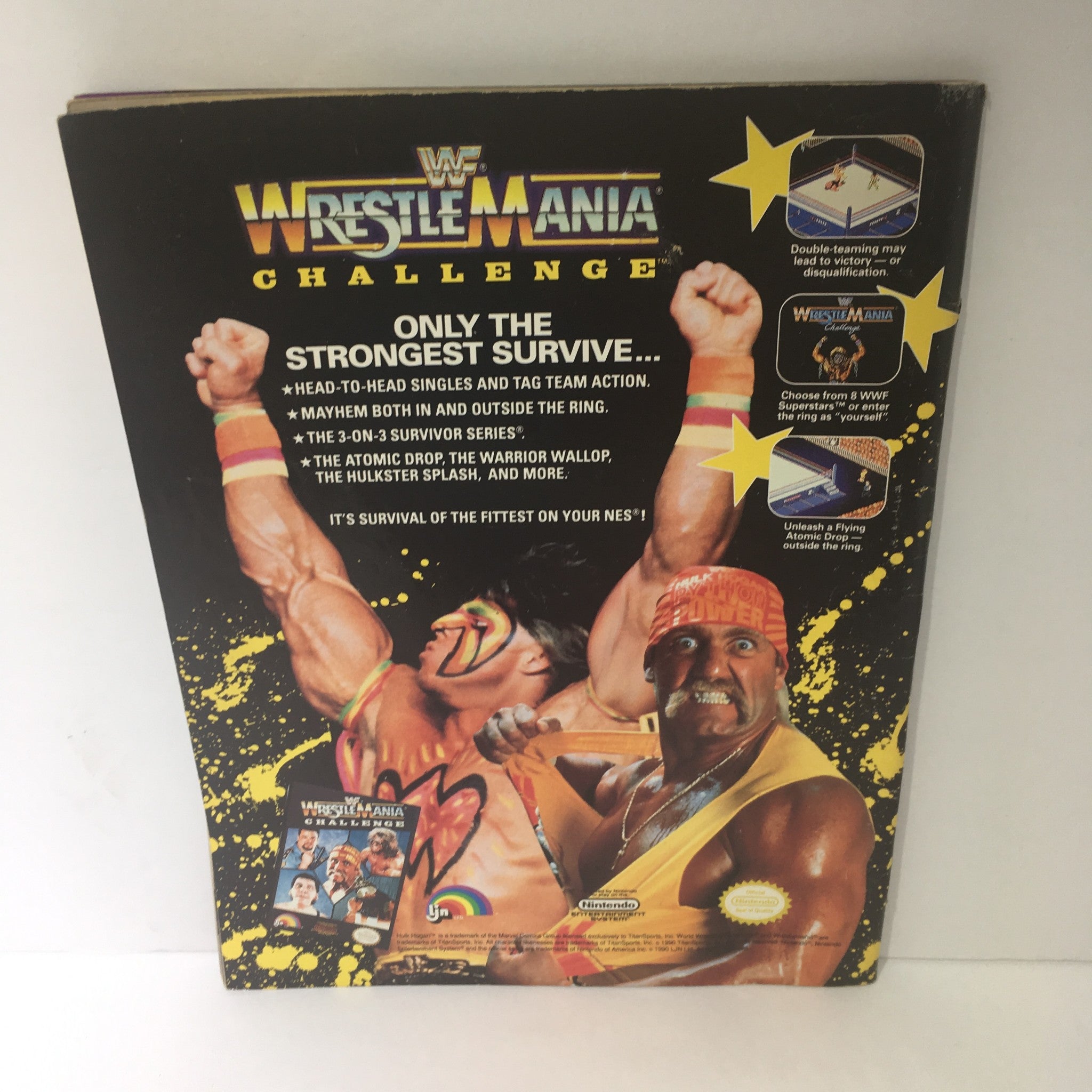 Back cover of WWF Magazine, February 1991, detailing the WrestleMania Challenge video game, featuring Hulk Hogan and Ultimate Warrior, appealing to fans of wrestling video games.