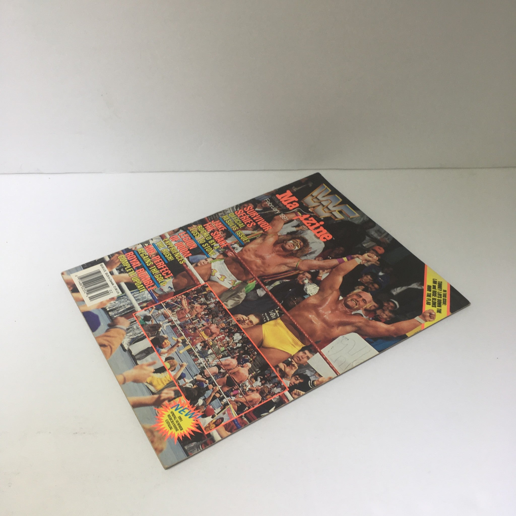 WWF Magazine February 1991 featuring Hulk Hogan and Ultimate Warrior on the cover, showcasing dynamic wrestling imagery and vibrant colors indicative of early 1990s pop culture.