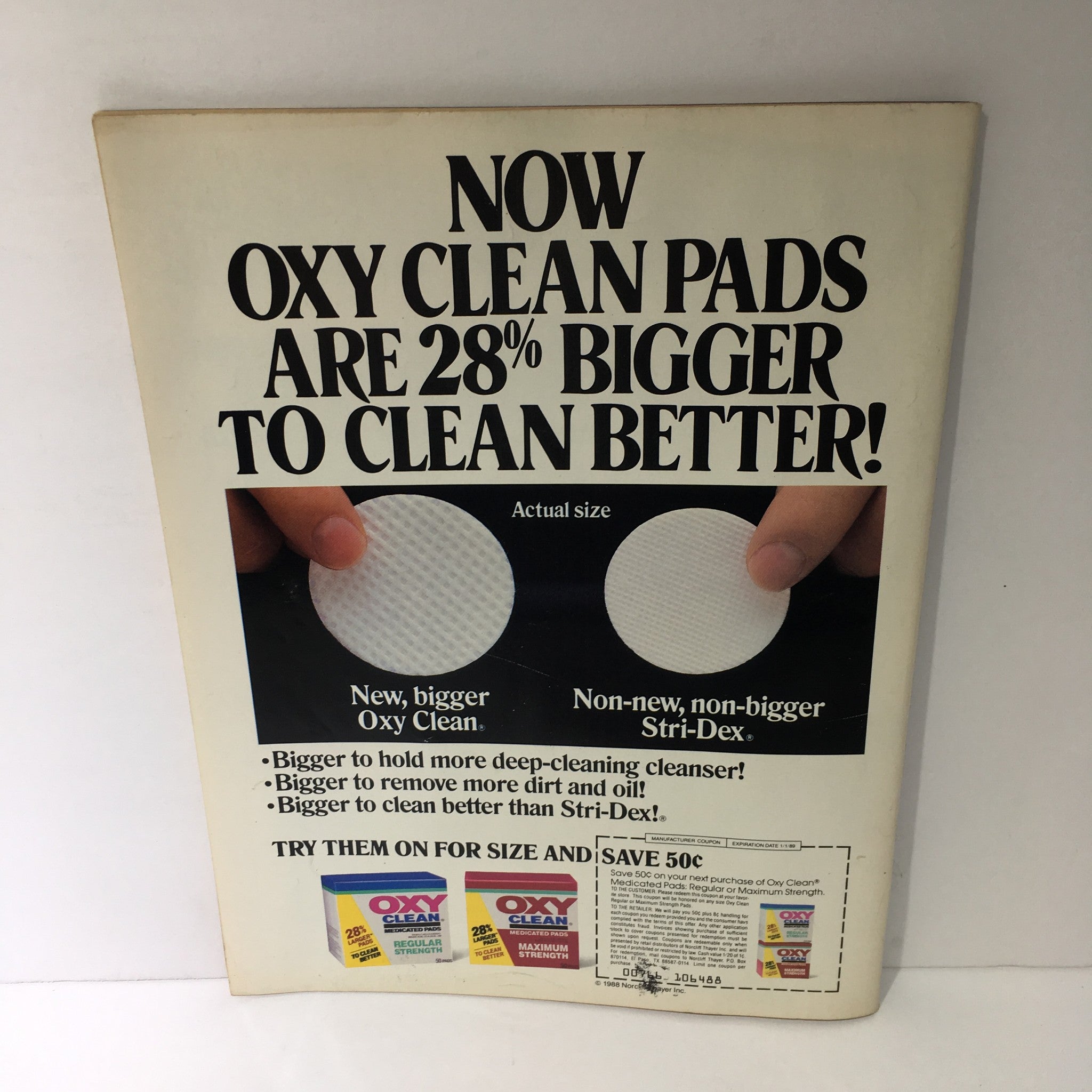 Back cover of the WWF Magazine featuring an advertisement for Oxy Clean pads, June 1988 edition.