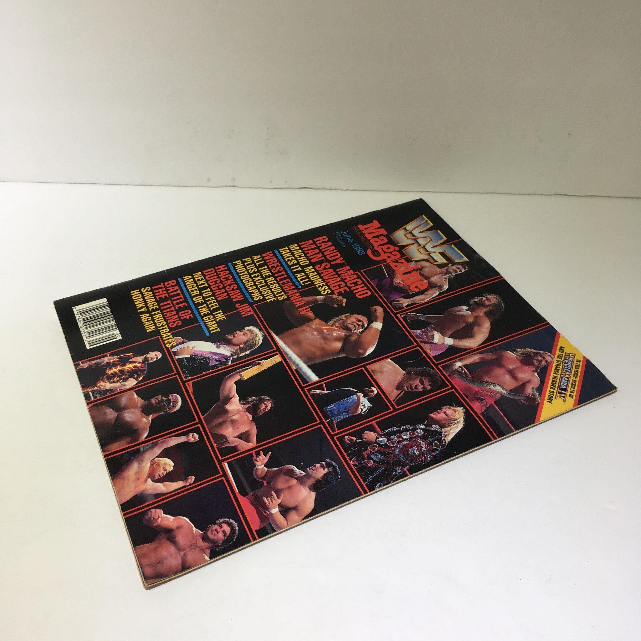 WWF Magazine featuring Randy 'Macho Man' Savage from June 1988. The magazine cover showcases multiple wrestling stars, capturing the excitement of Wrestlemania IV with vibrant colors and iconic images of legendary wrestlers.