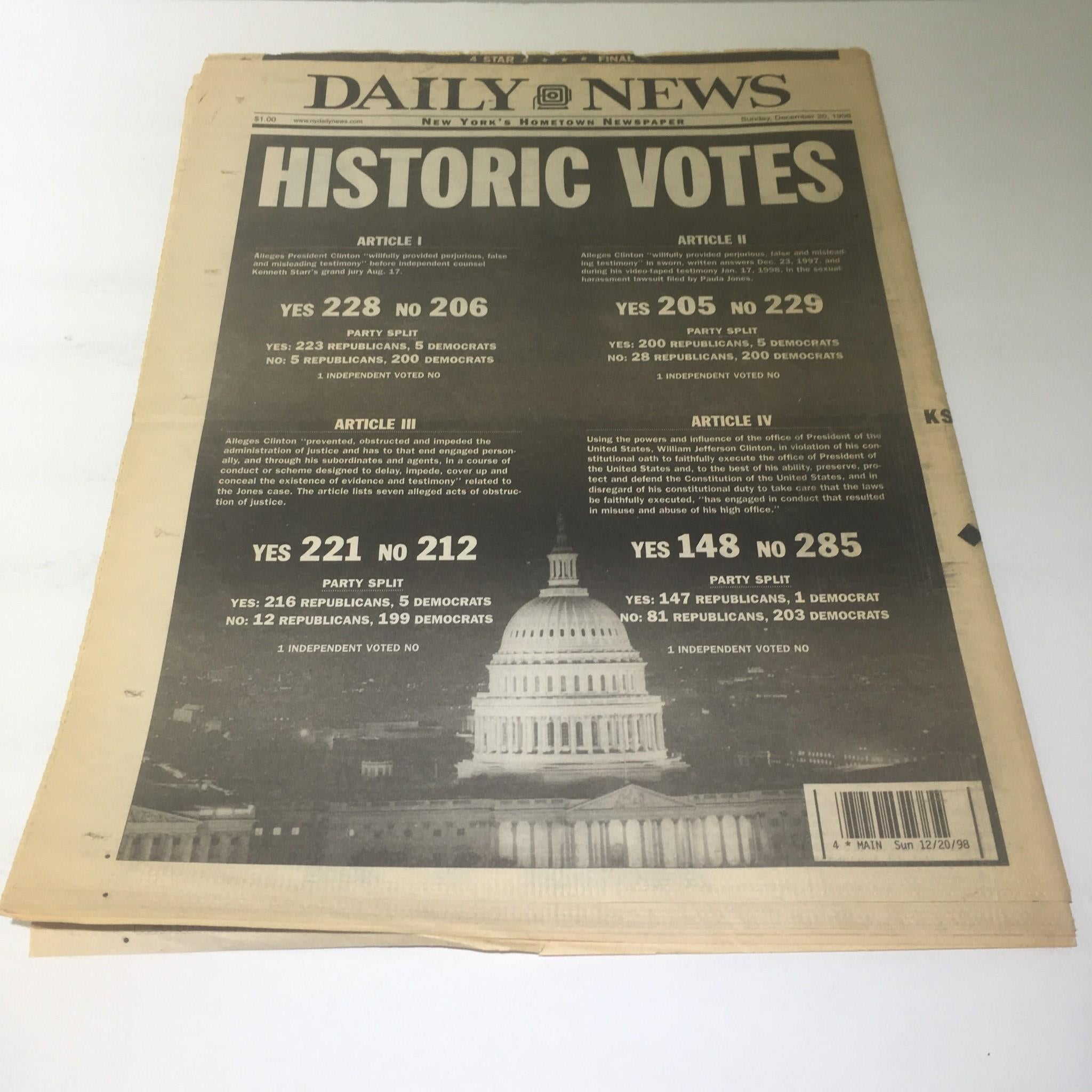 NY Daily News:12/20/1998 IMPEACHED bill clinton house of reps senate vote