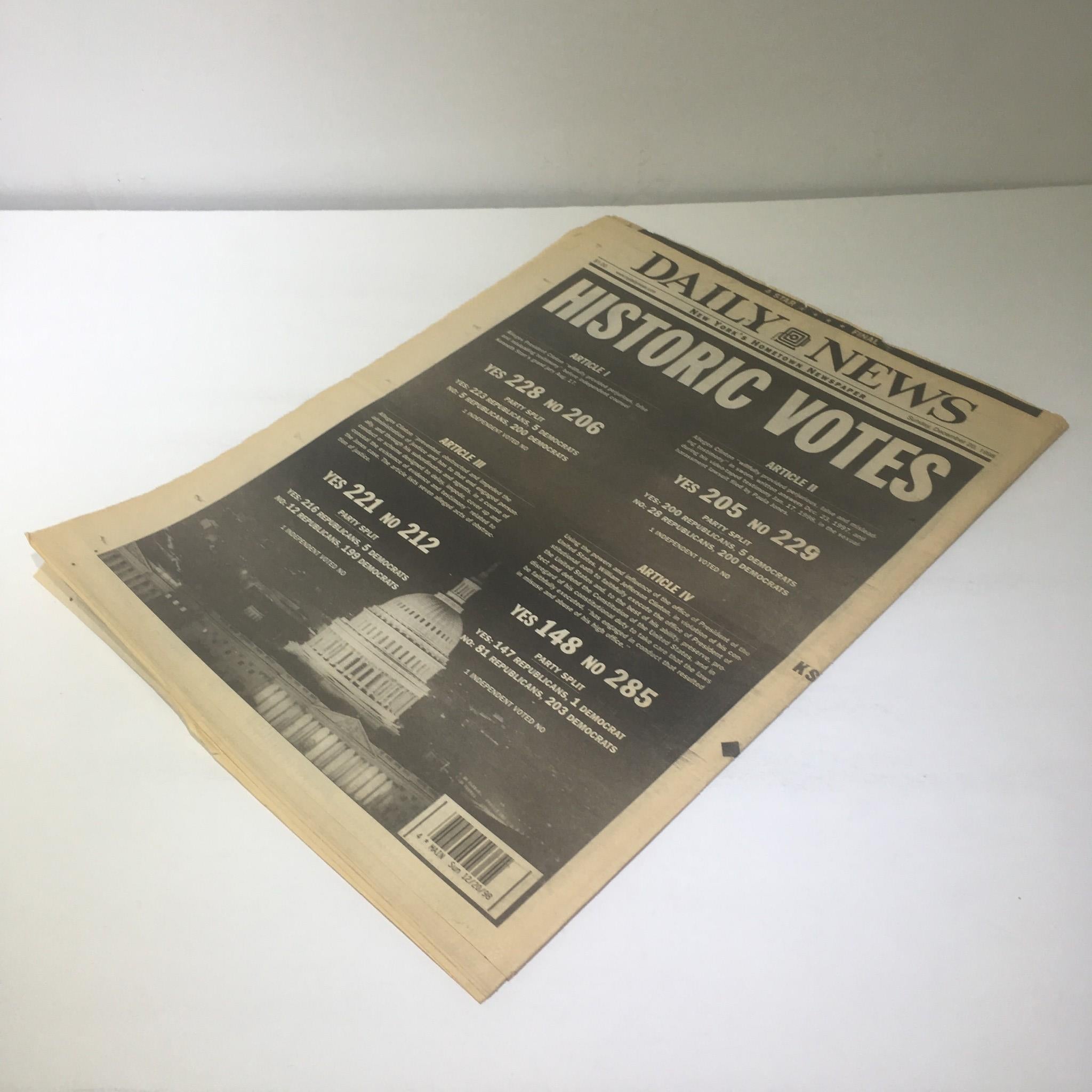 NY Daily News:12/20/1998 IMPEACHED bill clinton house of reps senate vote