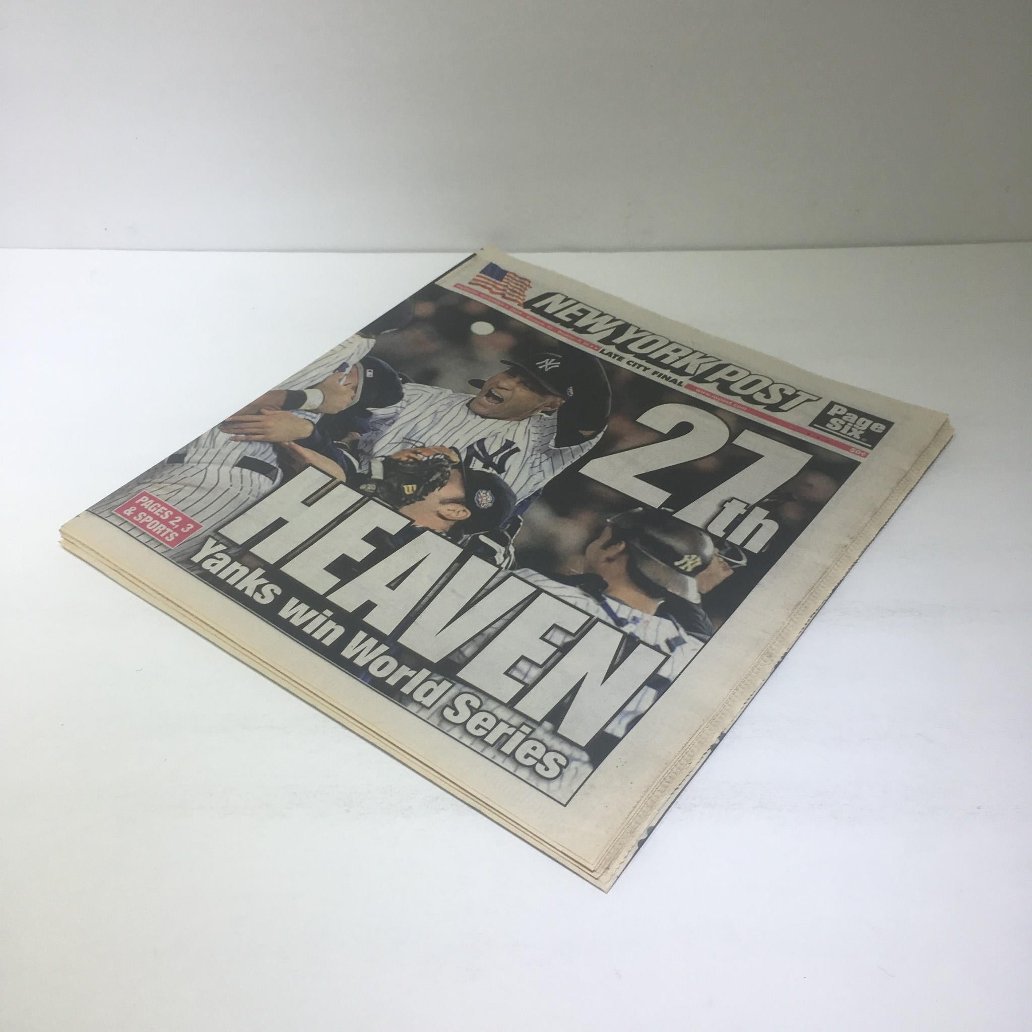 Cover of the New York Post, dated Nov 5, 2009, displaying the headline '27th Heaven Yanks Win World Series' with a side view of Yankees players celebrating.