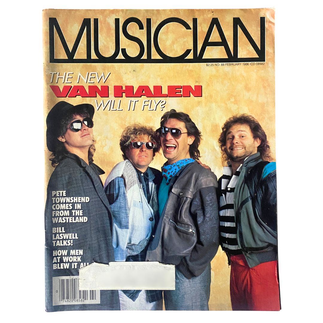 VTG Musician Magazine February 1986 featuring Eddie Van Halen and David Lee Roth on the cover, showcasing a vibrant design with the headline 'The New Van Halen Will It Fly?' and four musicians posing stylishly in colorful outfits.