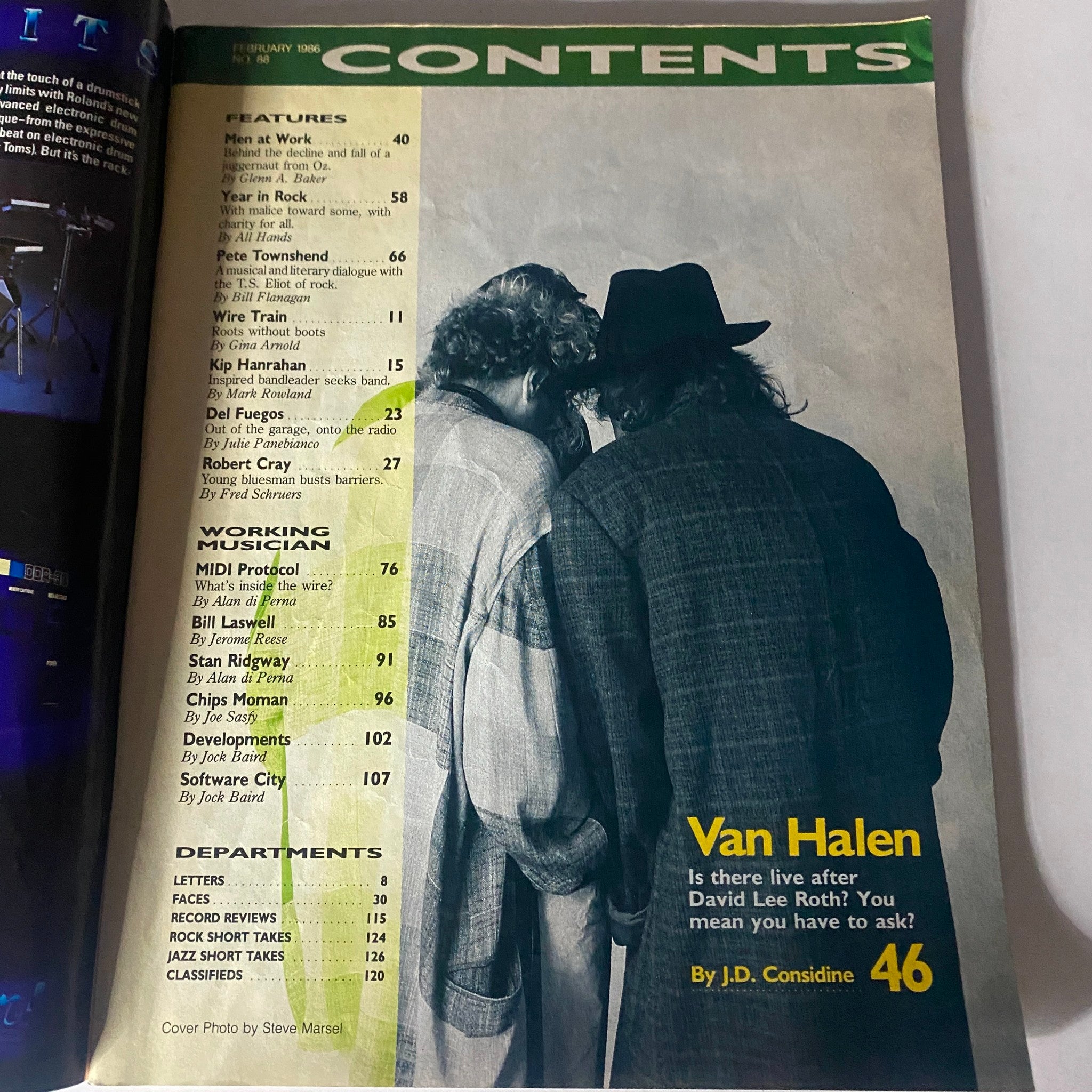 Contents page of VTG Musician Magazine February 1986 featuring Eddie Van Halen and David Lee Roth, showcasing article titles and features from the issue.