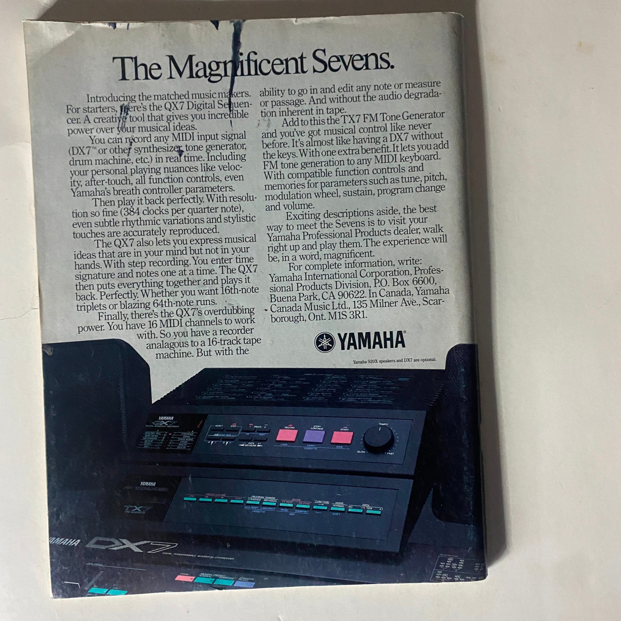 Back cover of VTG Musician Magazine February 1986, advertising Yamaha's QX7 Digital Sequencer, highlighting its features for musicians.