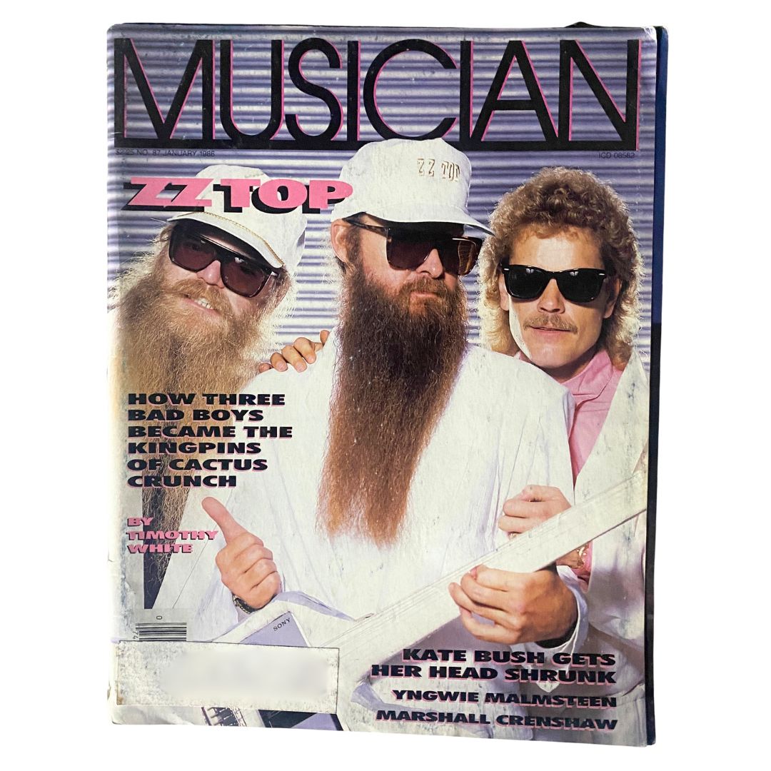 Cover of Musician Magazine January 1986 No. 87 featuring Zz Top, with an article by Timothy White, showcasing the band's unique style and prominence in rock music.