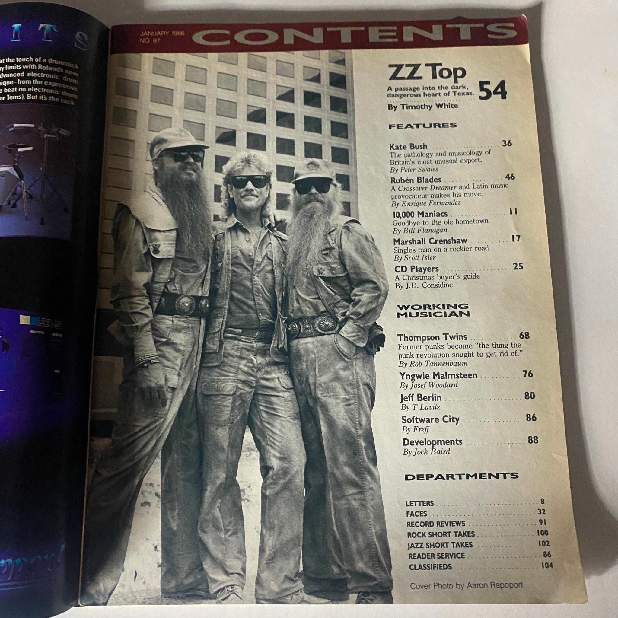 Contents page of Musician Magazine January 1986 No. 87, highlighting features on Zz Top by Timothy White and other articles from the 1980s rock scene.