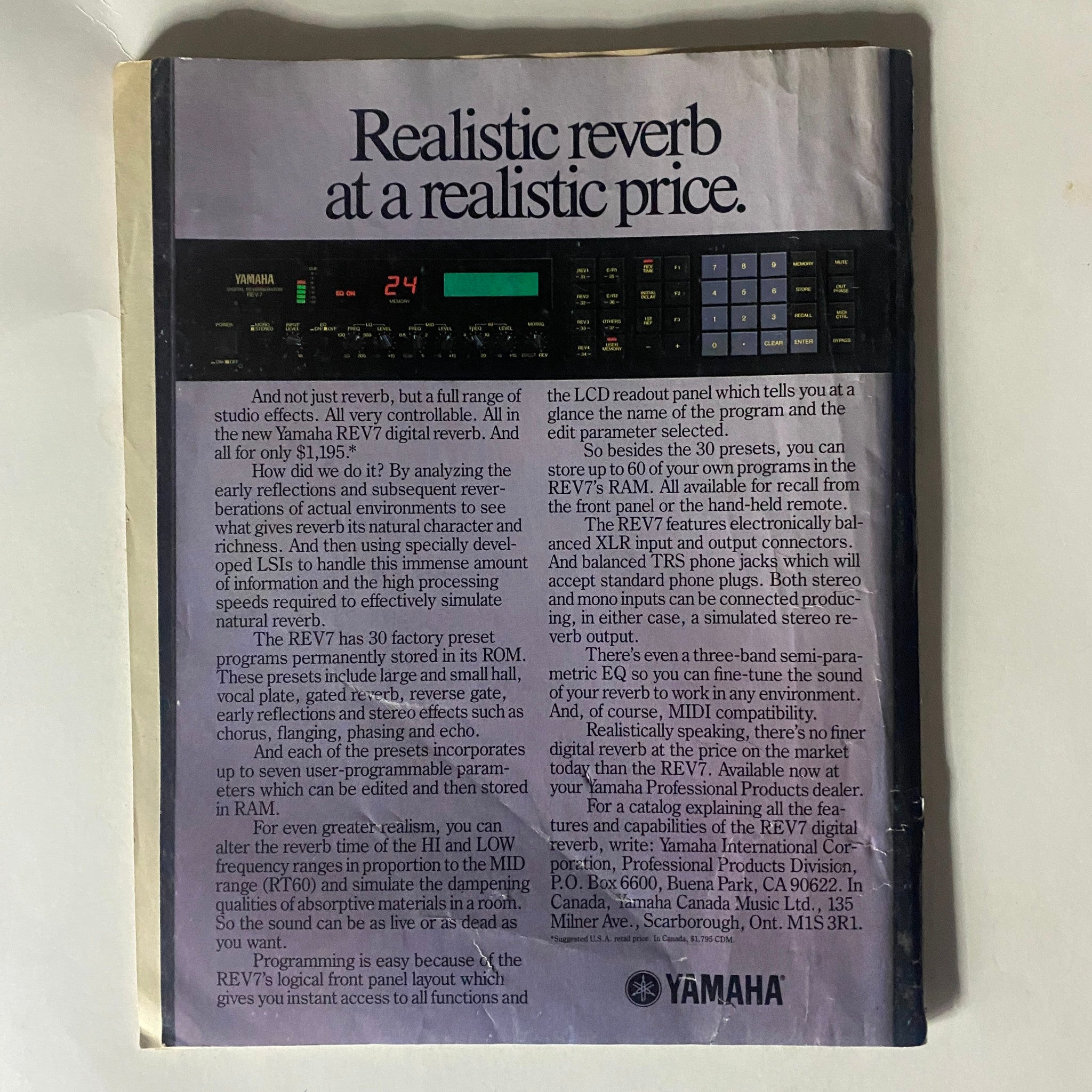 Back cover of Musician Magazine January 1986 No. 87 presenting an advertisement for the Yamaha REV7 digital reverb, set against the magazine’s vintage aesthetic.