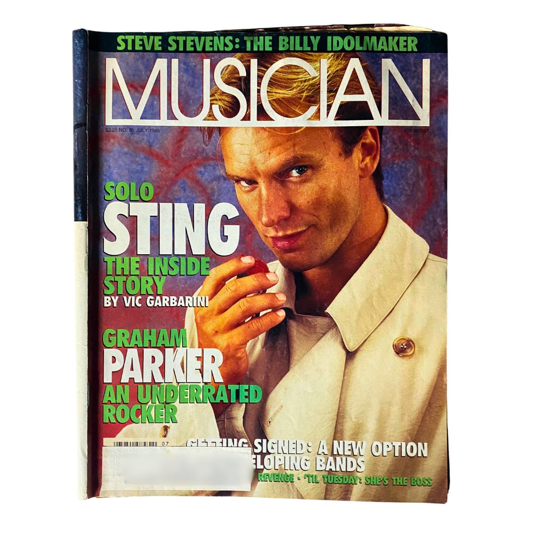 Cover of Musician Magazine July 1985, Issue No. 81 featuring Solo Sting: The Inside Story, showcasing a portrait of Sting, with vibrant colors and headline text.