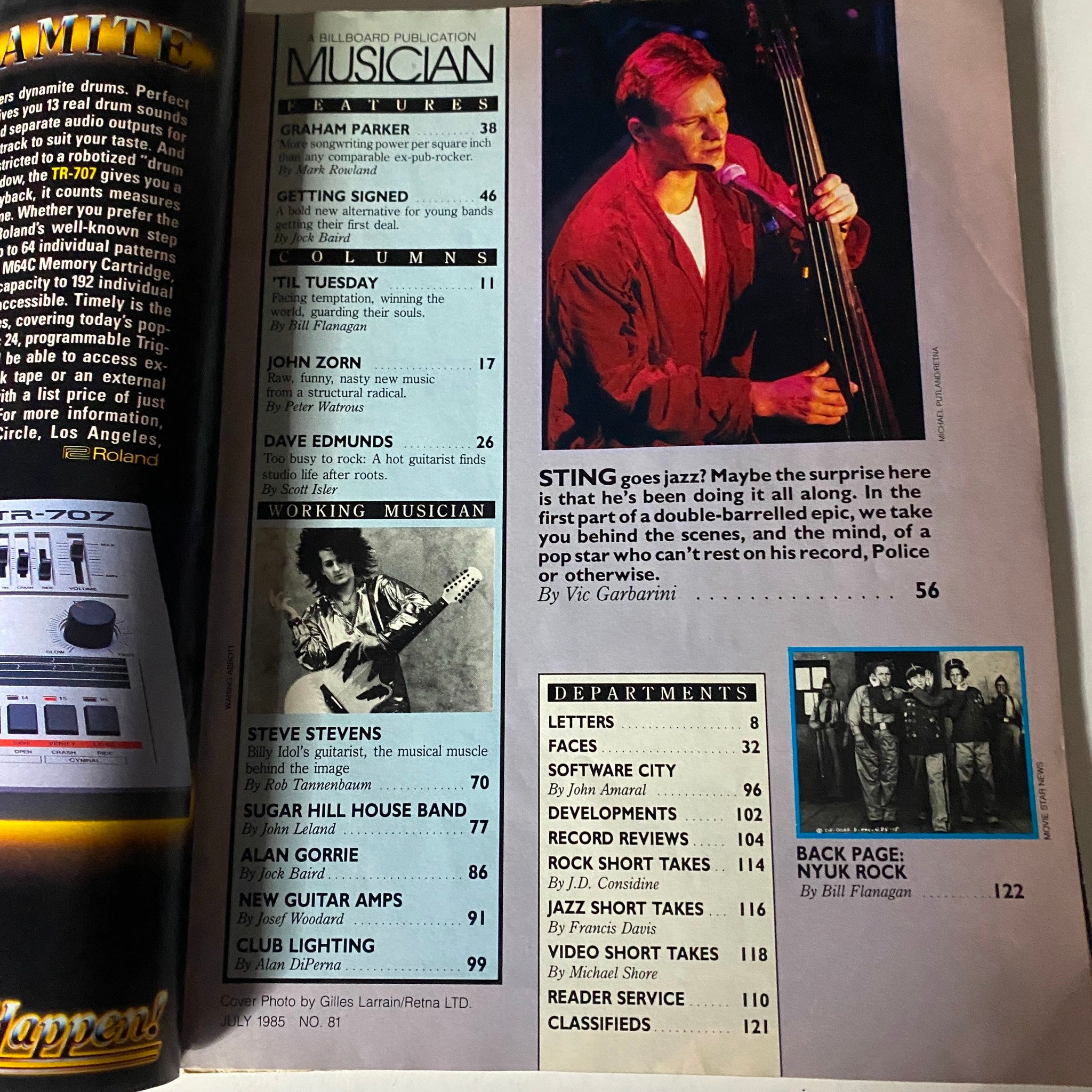 Interior page of Musician Magazine July 1985, Issue No. 81, displaying content layout including feature articles, with emphasis on Sting and the presence of Graham Parker.