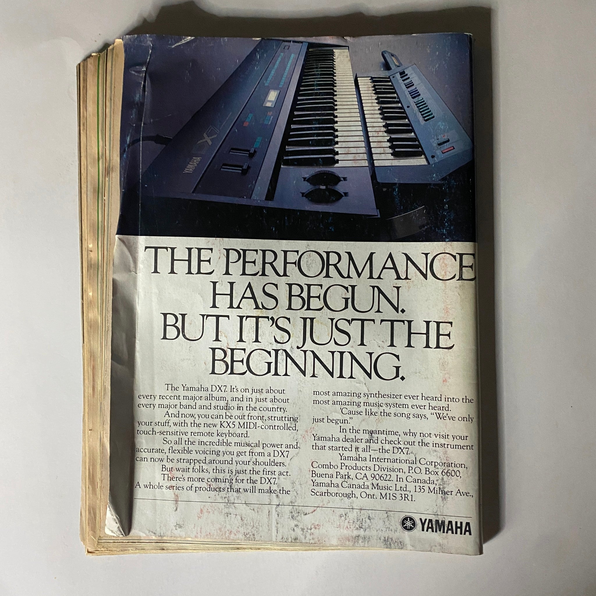 Back cover of Musician Magazine July 1985, Issue No. 81, featuring an advertisement for the Yamaha DX7 synth, highlighting its features and capabilities.