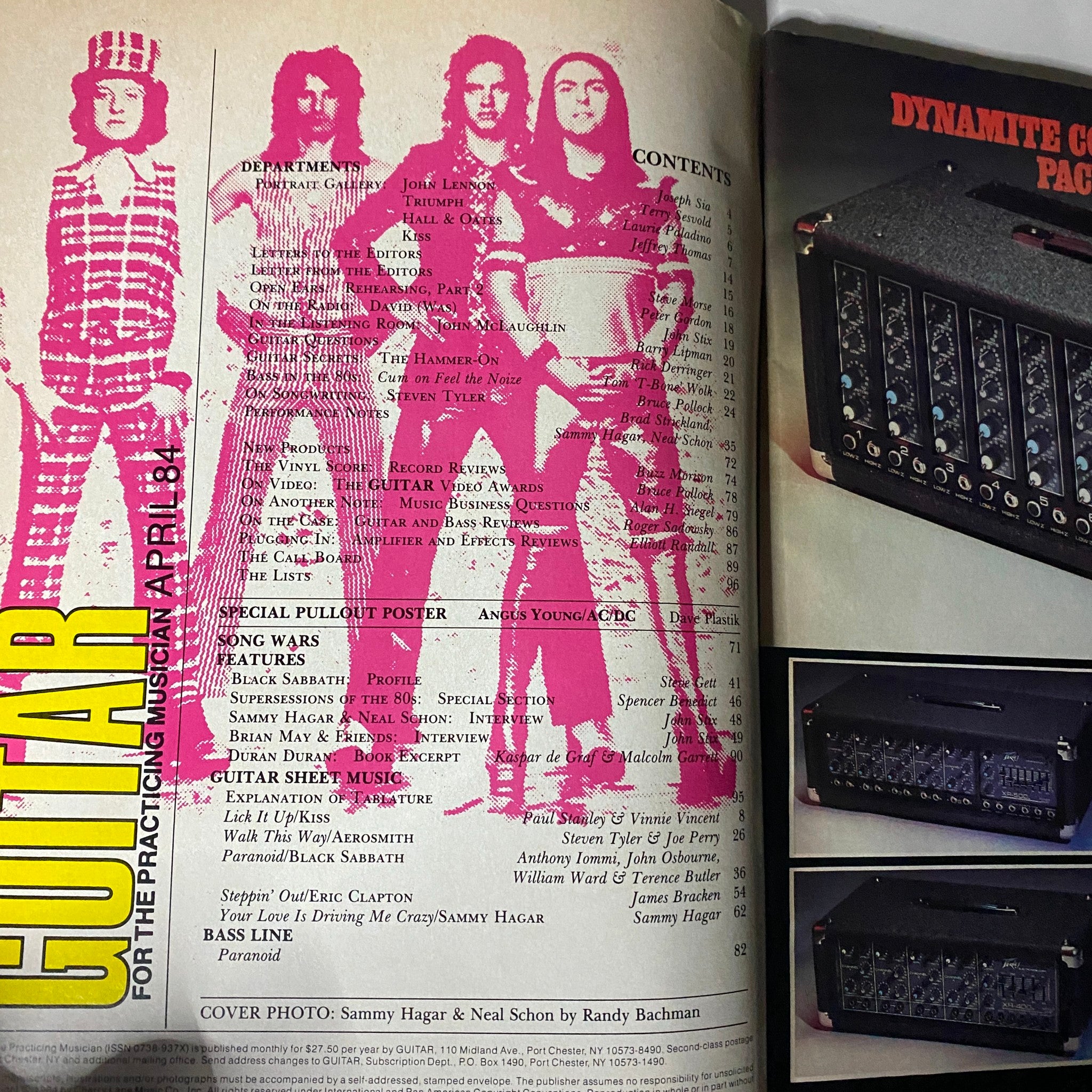 Inside cover of VTG Guitar Magazine April 1984 featuring contents and special pullout poster of Angus Young from AC/DC, showcasing the magazine's nostalgic rock music history.