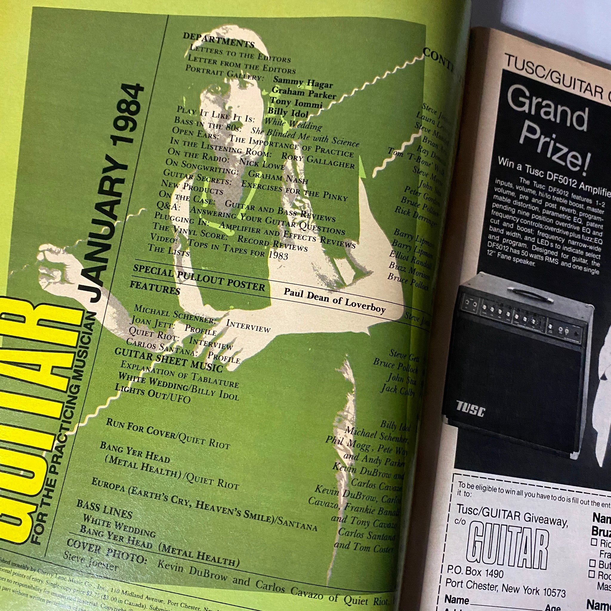 Inside spread of VTG Guitar Magazine January 1984, displaying the table of contents and features, including an interview with Kevin Dubrow and Carlos Cavazo from Quiet Riot.