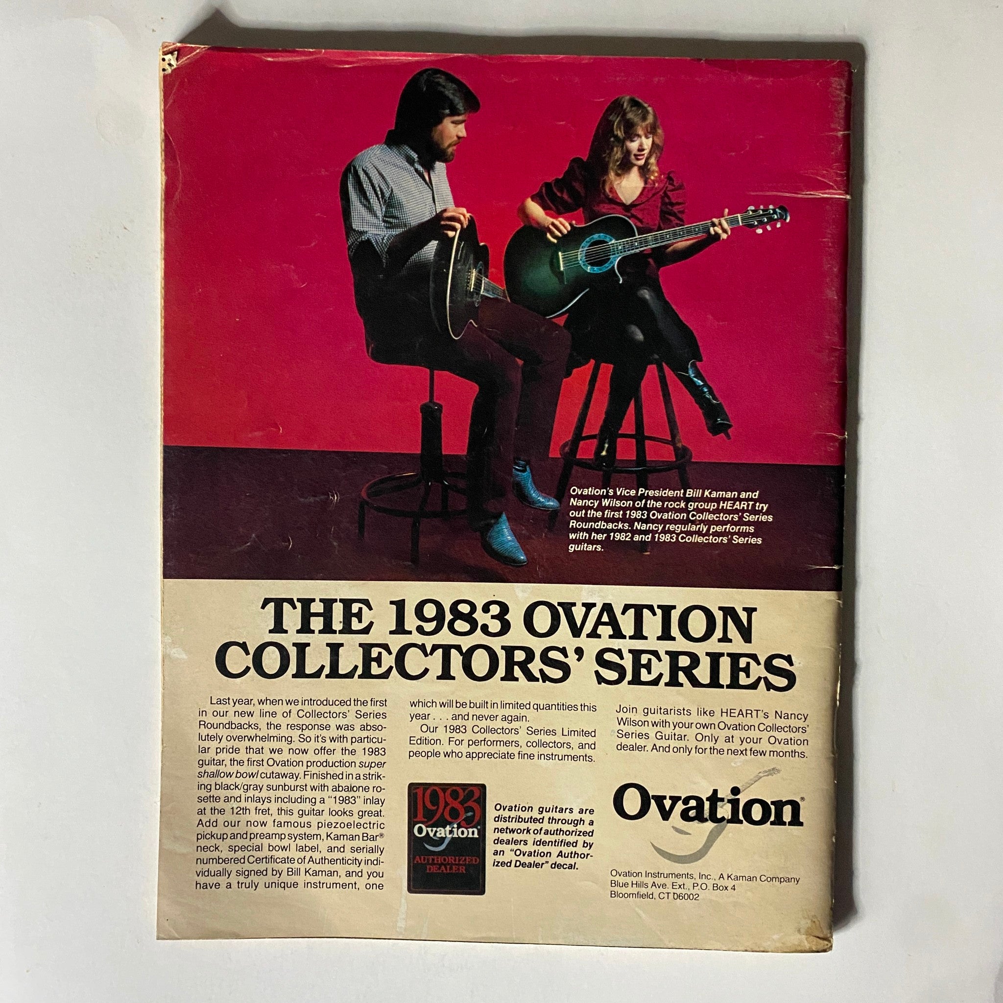 Back cover of a 1983 Ovation Collectors' Series advertisement with musicians showcasing Ovation guitars, relevant to the vintage Guitar Magazine November 1983.