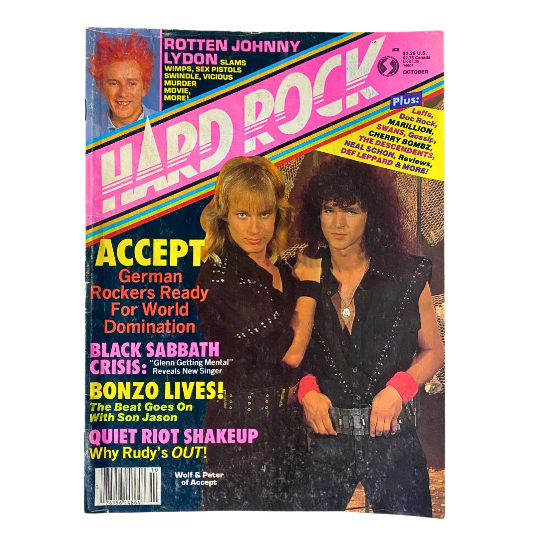 Cover of VTG Hard Rock Magazine October 1986 #13 featuring Wolf Hoffmann and Peter Baltes of Accept, highlighting their influence in heavy metal with vibrant graphics.