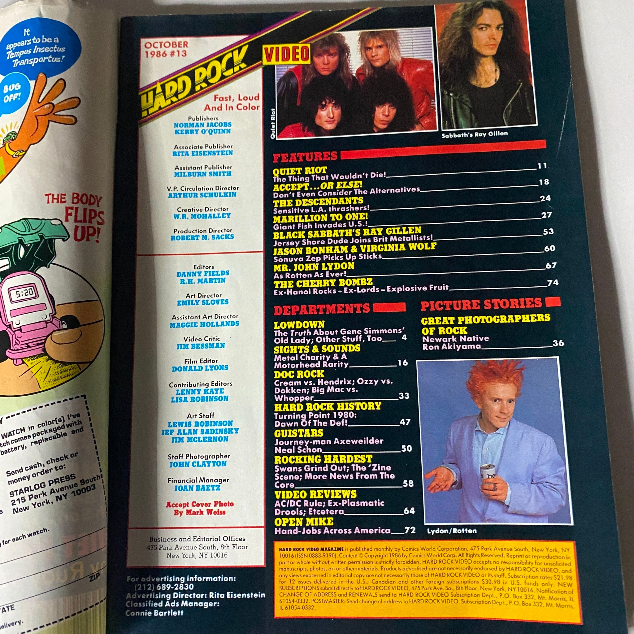 Table of Contents from VTG Hard Rock Magazine October 1986 #13, showcasing various articles and features including Accept, Quiet Riot, and Black Sabbath.